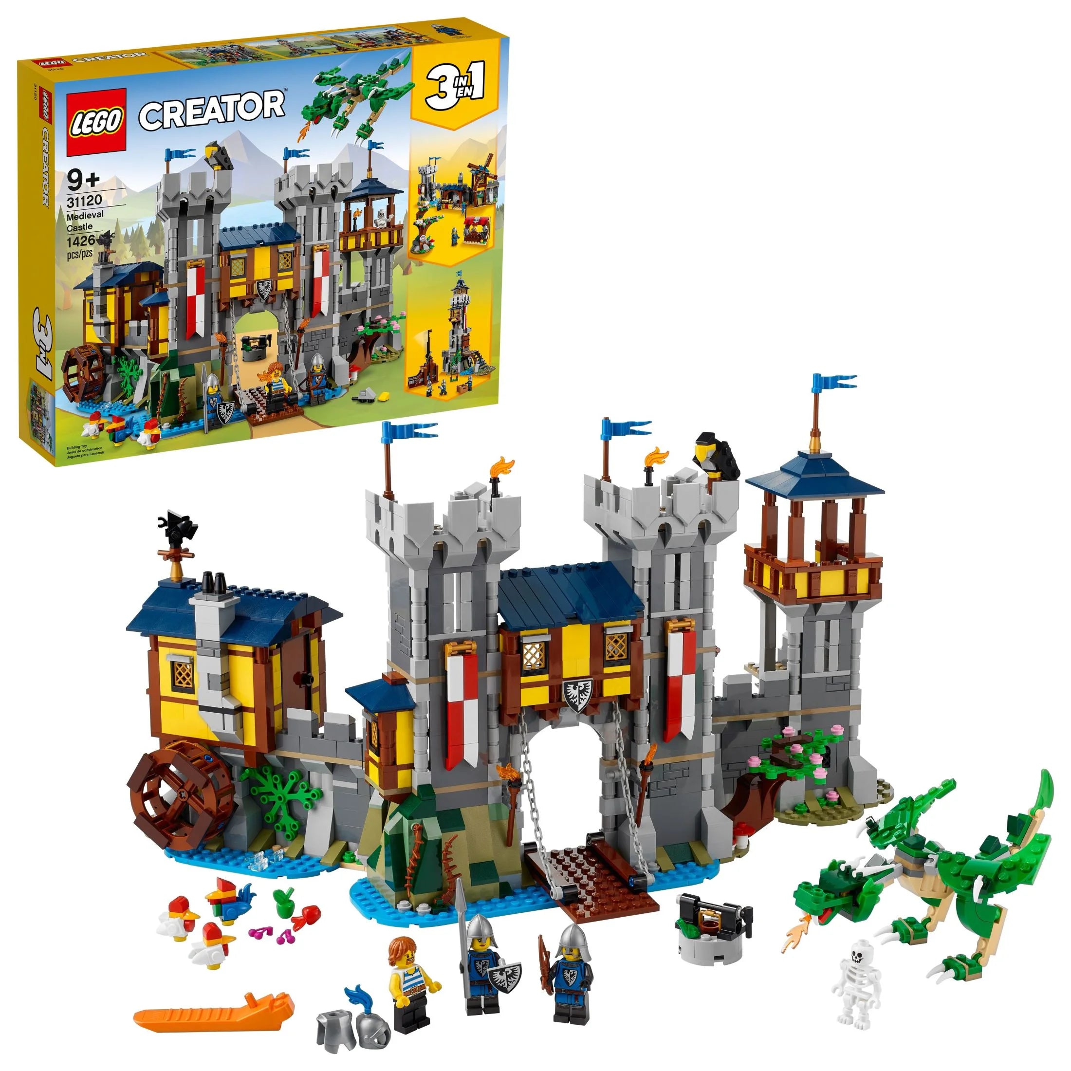 LEGO Creator 3 en 1 Castillo Medieval, se transforma de castillo a torre y a mercado, incluye figura de esqueleto y dragón, con 3 minifiguras y catapulta, 31120