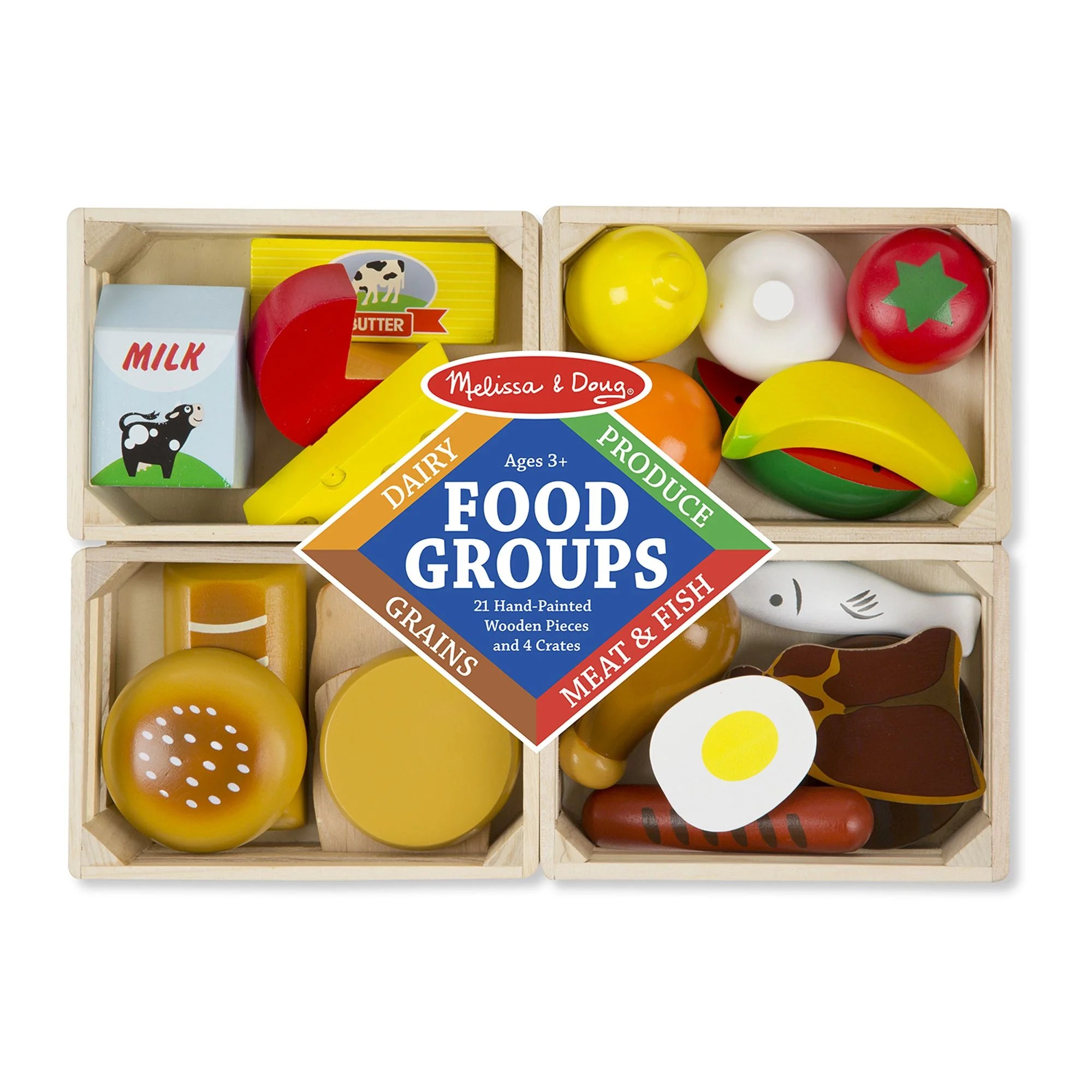 Melissa & Doug Grupos de Alimentos – 21 Piezas de Madera y 4 Cajas, Multicolor