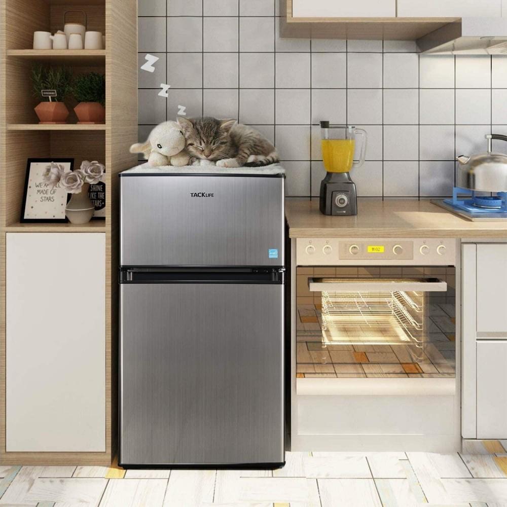 Mini refrigerador con congelador, 3.1 pies cúbicos, refrigerador compacto con luz LED, 2 puertas, mini nevera para dormitorio, oficina, dormitorio universitario, RV, garaje, acero inoxidable plateado - Modelo HPVFR310