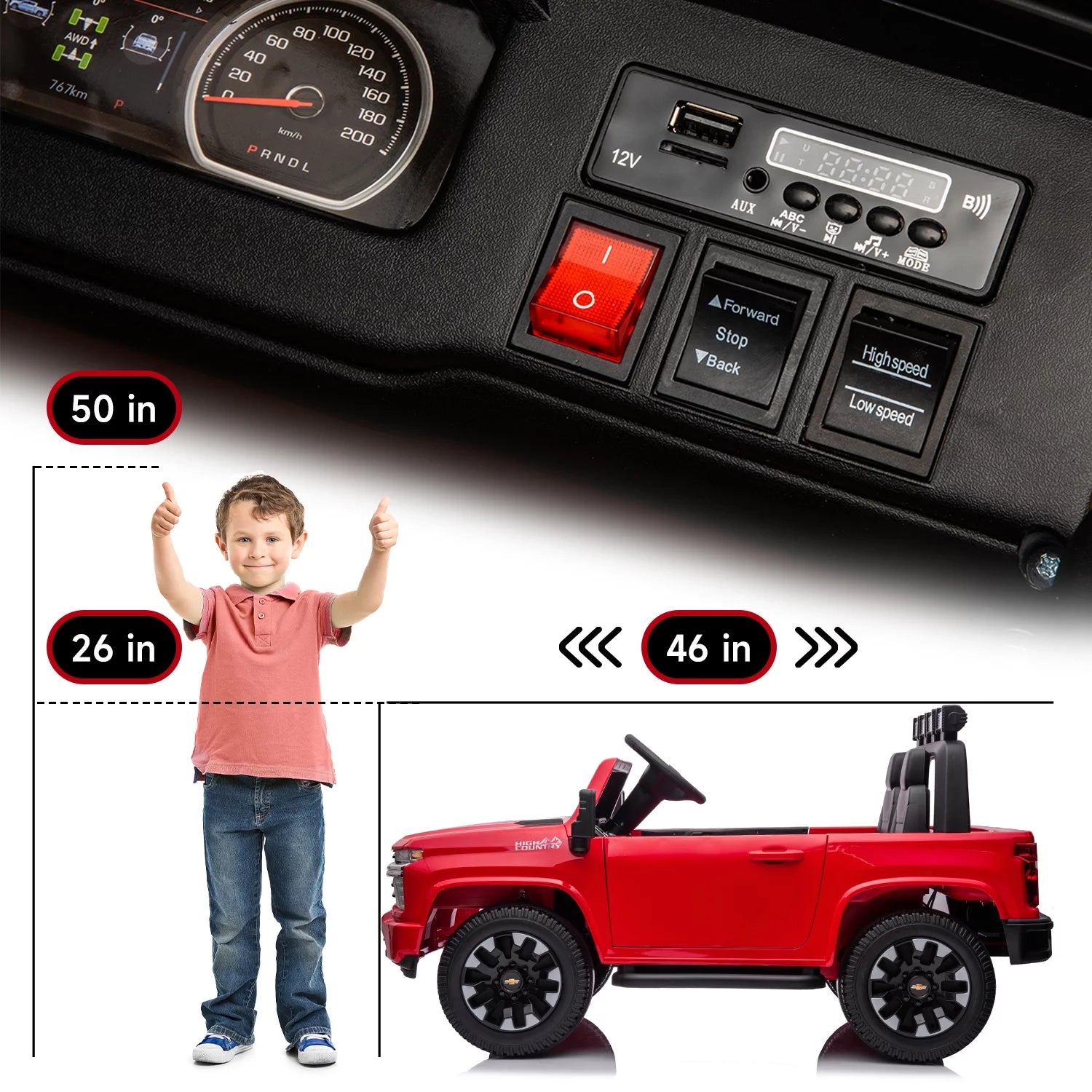 Track 7 Coche Eléctrico de 24V para Niños, Camioneta Silverado HD Licenciada para 2 Pasajeros, Control Remoto, Música, ABC, Rojo