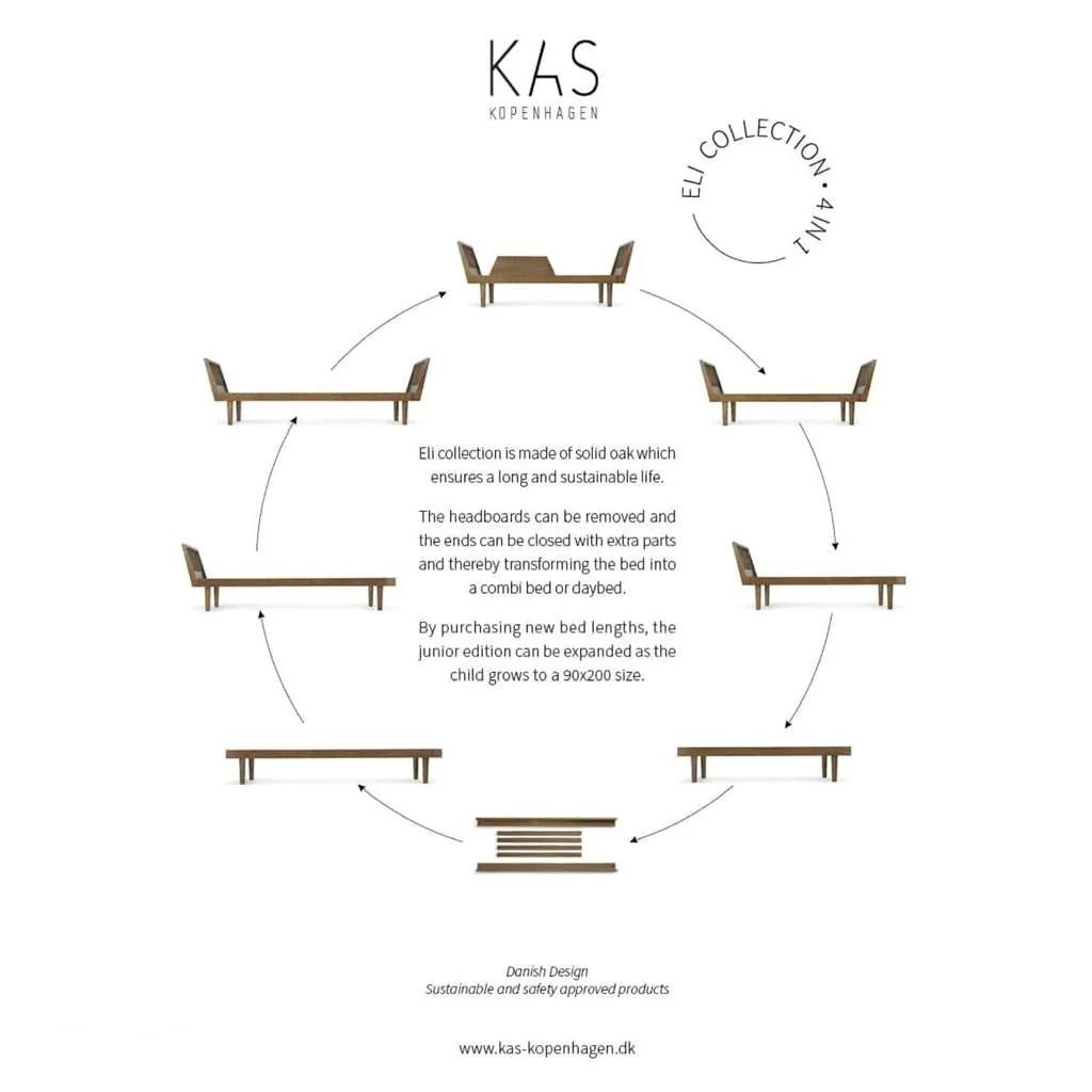 2025 Cabezal y pie de cama de repuesto para cama Eli KAS Kopenhagen – Madera maciza de roble certificada FSC | Diseño modular 4-en-1 | Para daybed, cama combinada y cama junior | Sin colchón ni estructura