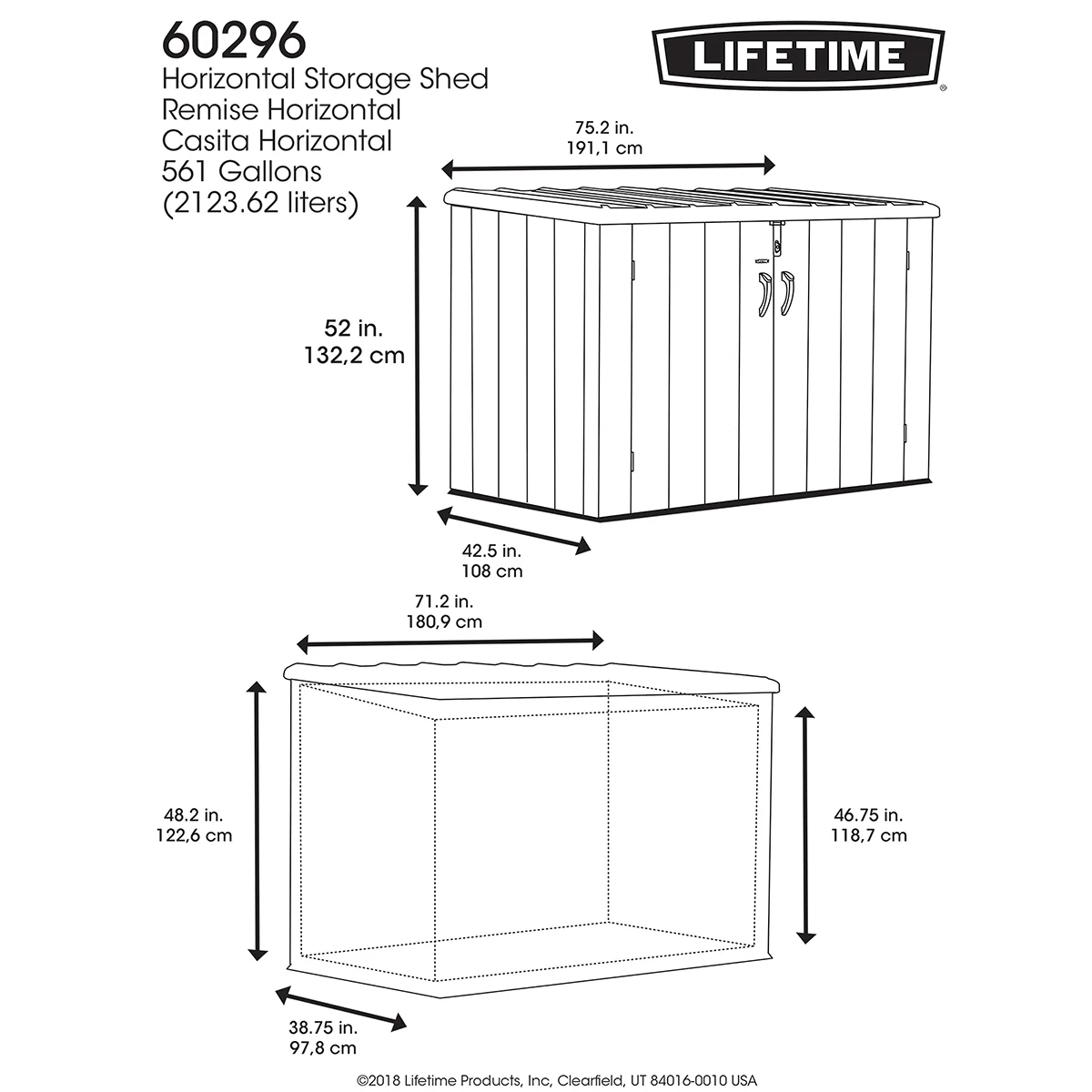 2025 Lifetime Caseta de almacenamiento horizontal 1,9 x 1,1 m – Capacidad 2.407 L
