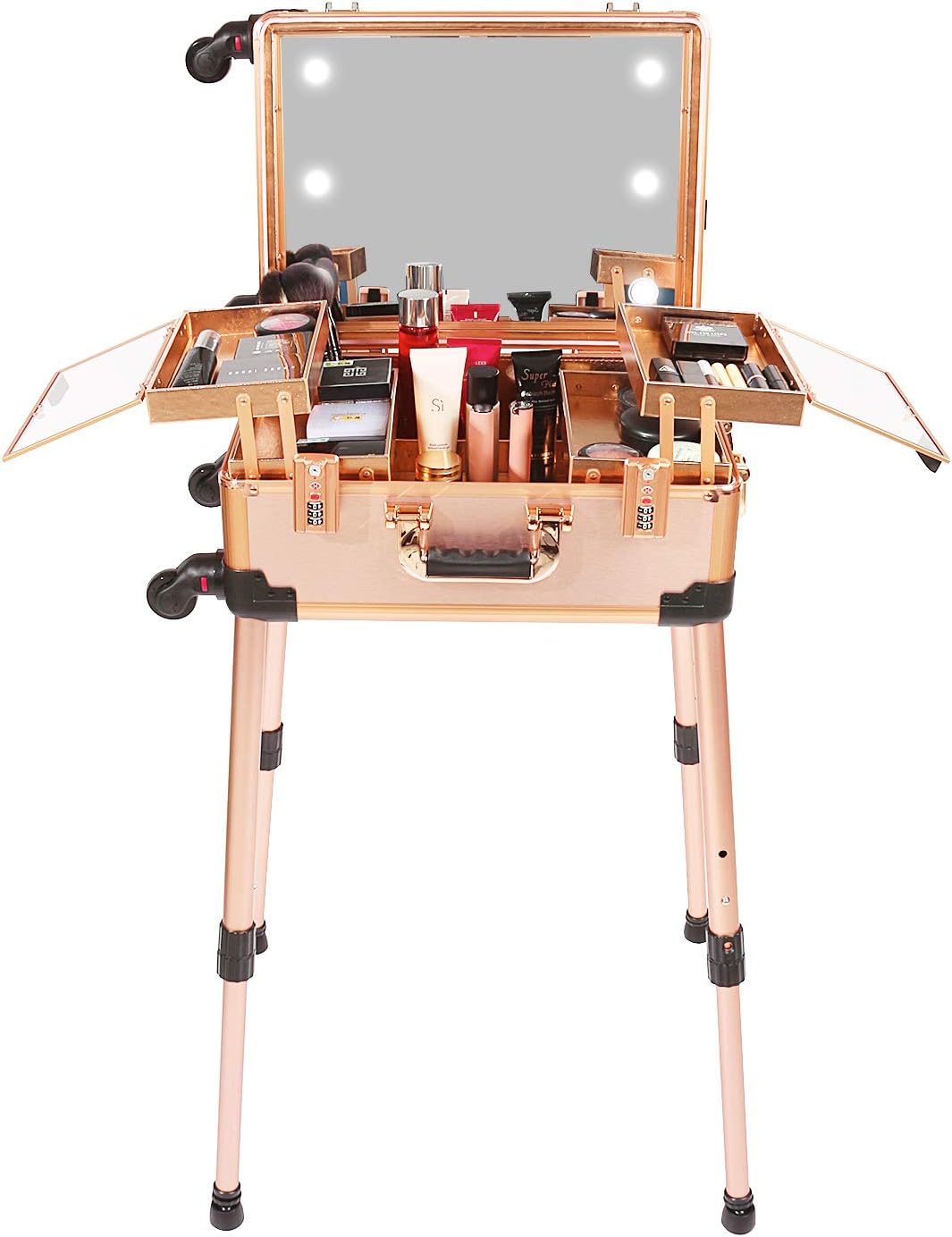 Maletín mediano para maquillaje con cerradura de código, espejo iluminado, altavoz, organizador de cosméticos de viaje, trolley profesional para artistas, estuche independiente para estudio