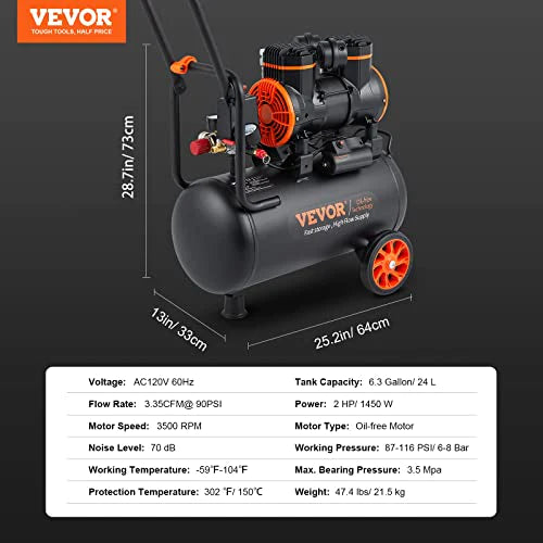 2025 Compresor de Aire VEVOR 6.3 Galones, 2 HP, 3.35 CFM, Sin Aceite