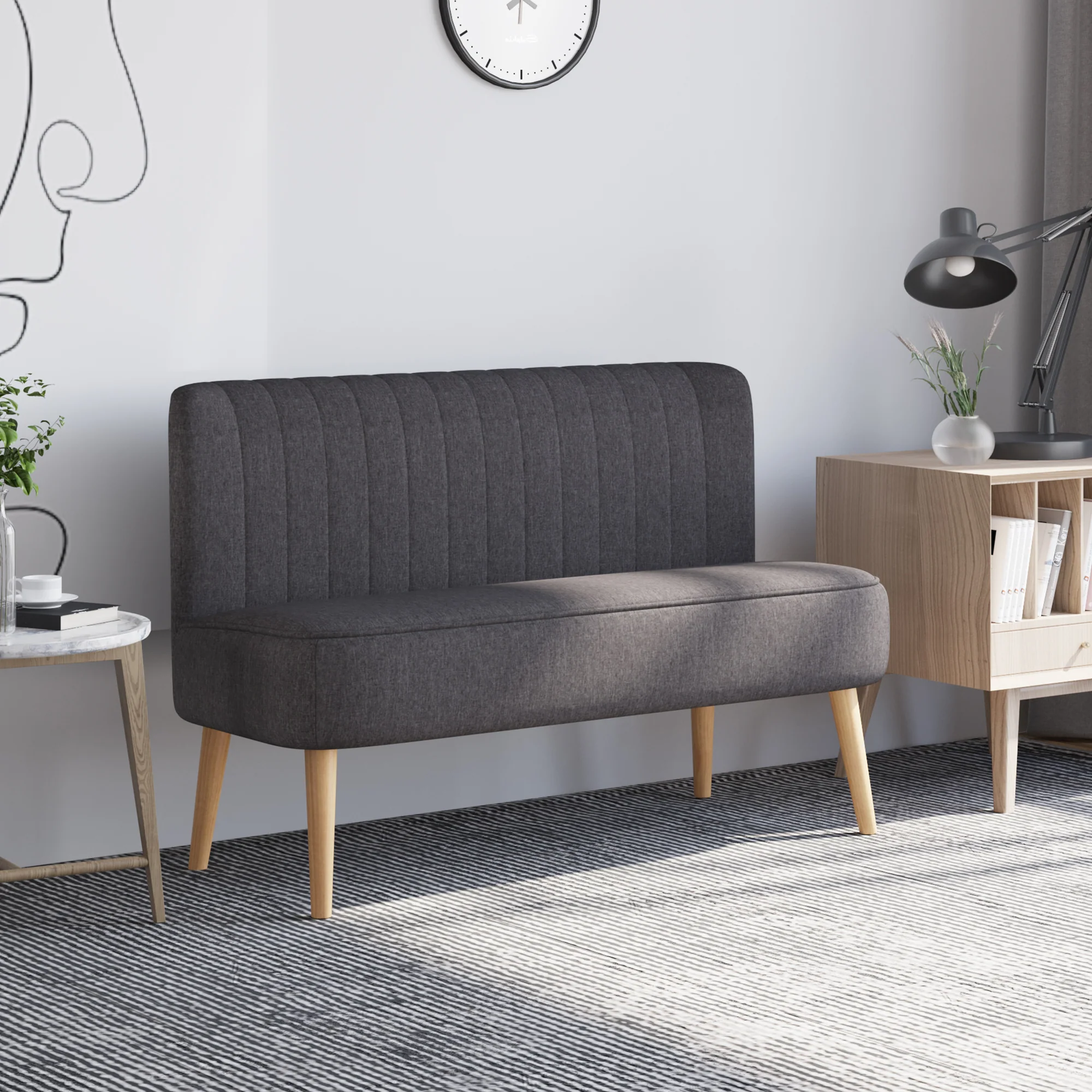 Sofá moderno de lino para 2 plazas, sofá compacto con acolchado y patas de madera, gris