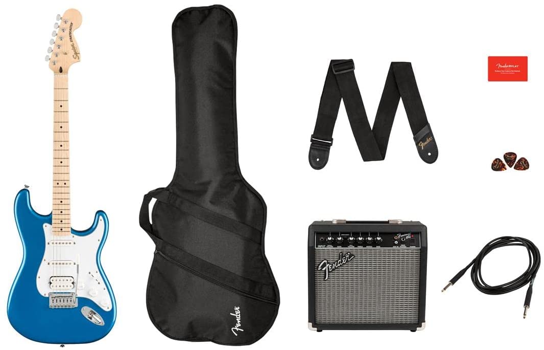 Squier by Fender Affinity Series Stratocaster Pack, HSS, diapasón de arce, Lake Placid Blue