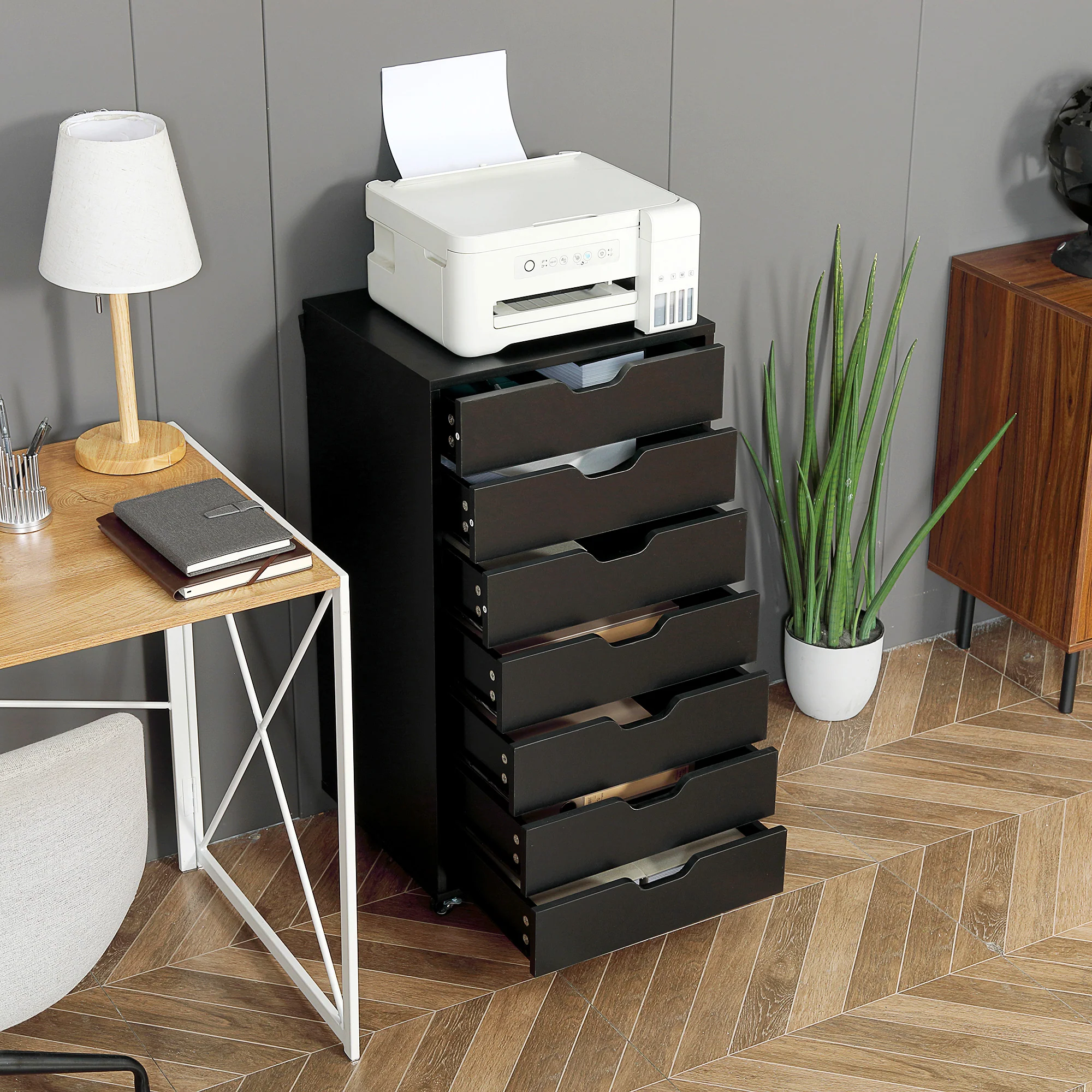 Cajonera Vertical de 7 Cajones, Mueble de Oficina Móvil con Ruedas, Negro