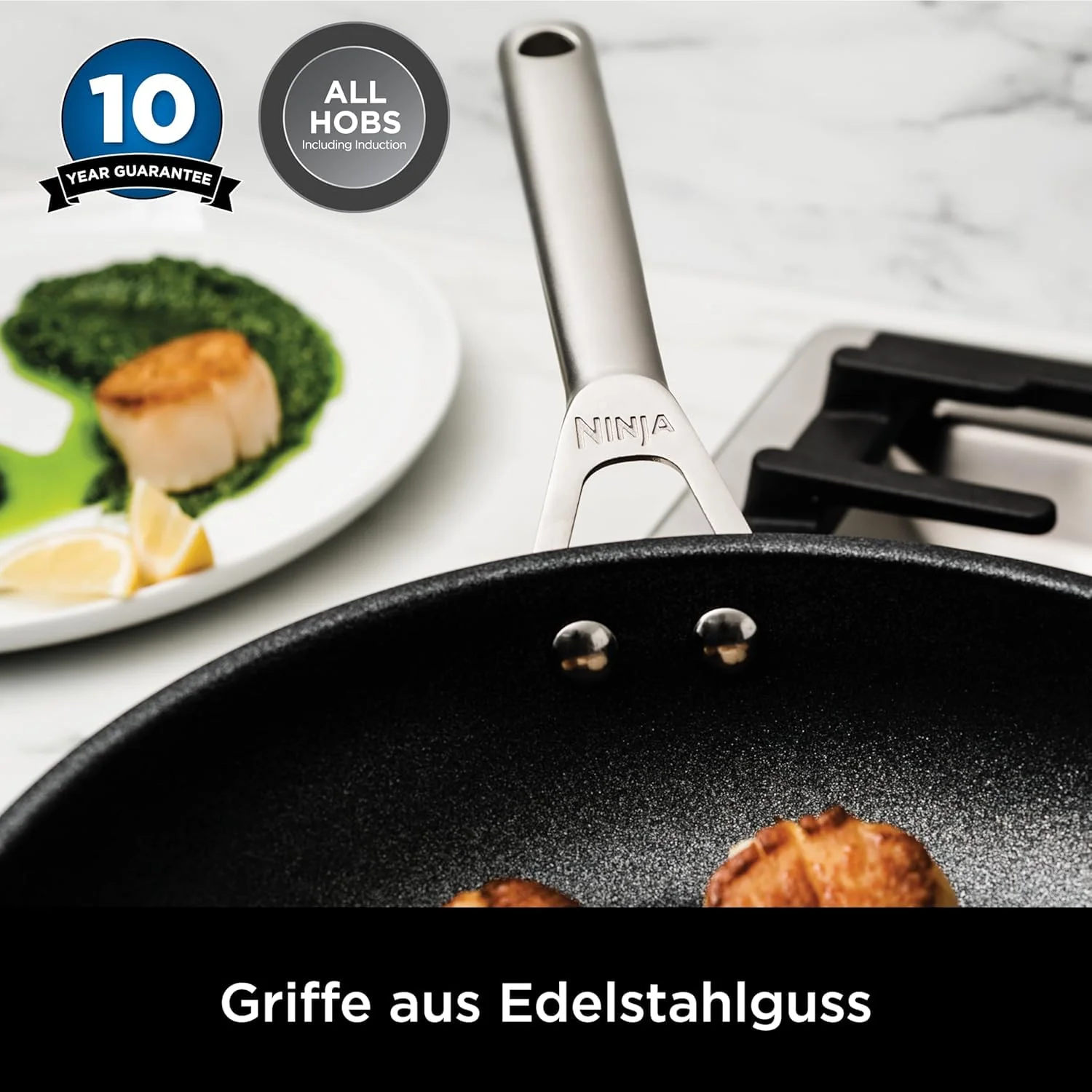 2025 Ninja Foodi MAX Freidora de Aire Doble Zona, 9,5 L cobre/negro, AF400EUCP + Set de Cuchillos Ninja StaySharp blanco, K62006EUWH + Sartén de acero inoxidable Ninja Foodi ZEROSTICK 28 cm, C60028EU