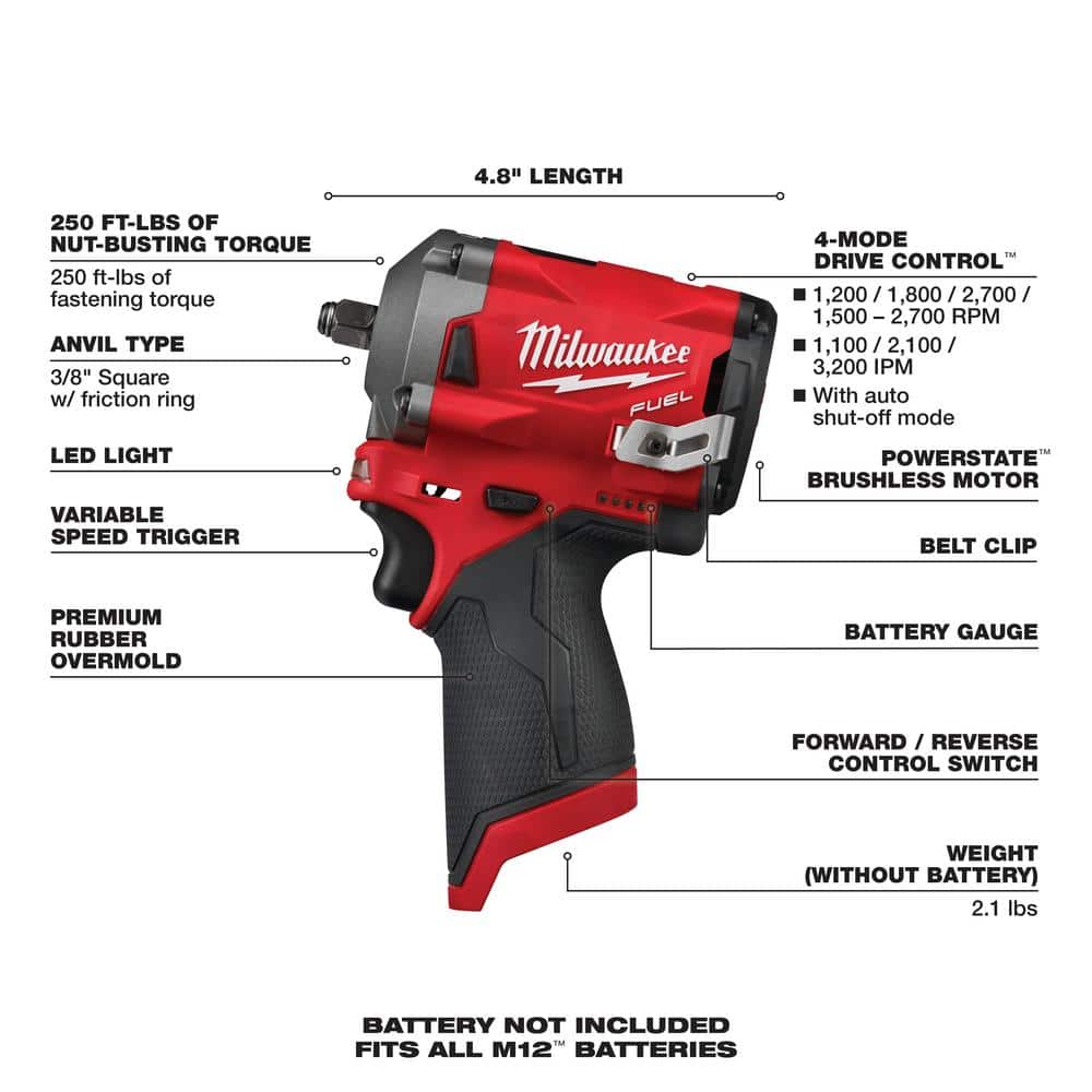 Llave de impacto inalámbrica compacta M12 FUEL de 12V, sin escobillas, de 3/8 pulg. (Solo herramienta) modelo 2554-20