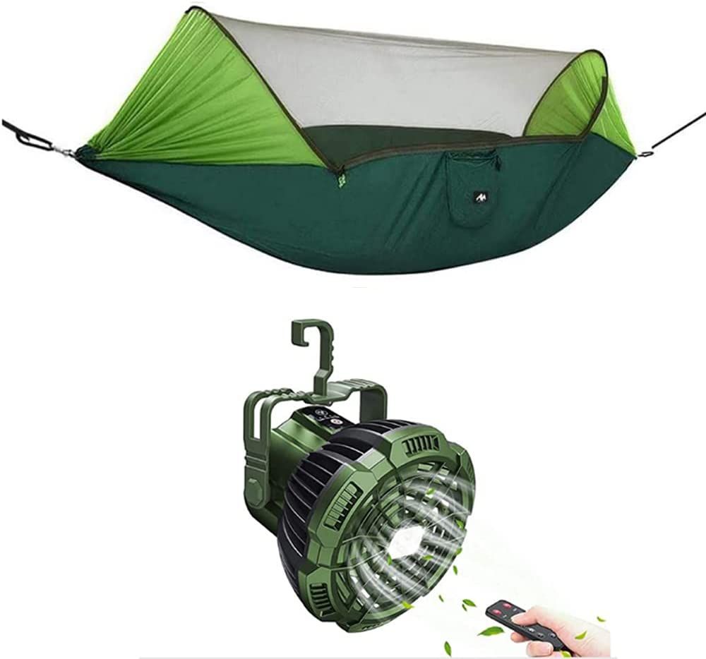 Hamaca de Camping Ayamaya con Red para Mosquitos y Tela para Sombrilla + Ventilador de Camping Recargable con Luz LED