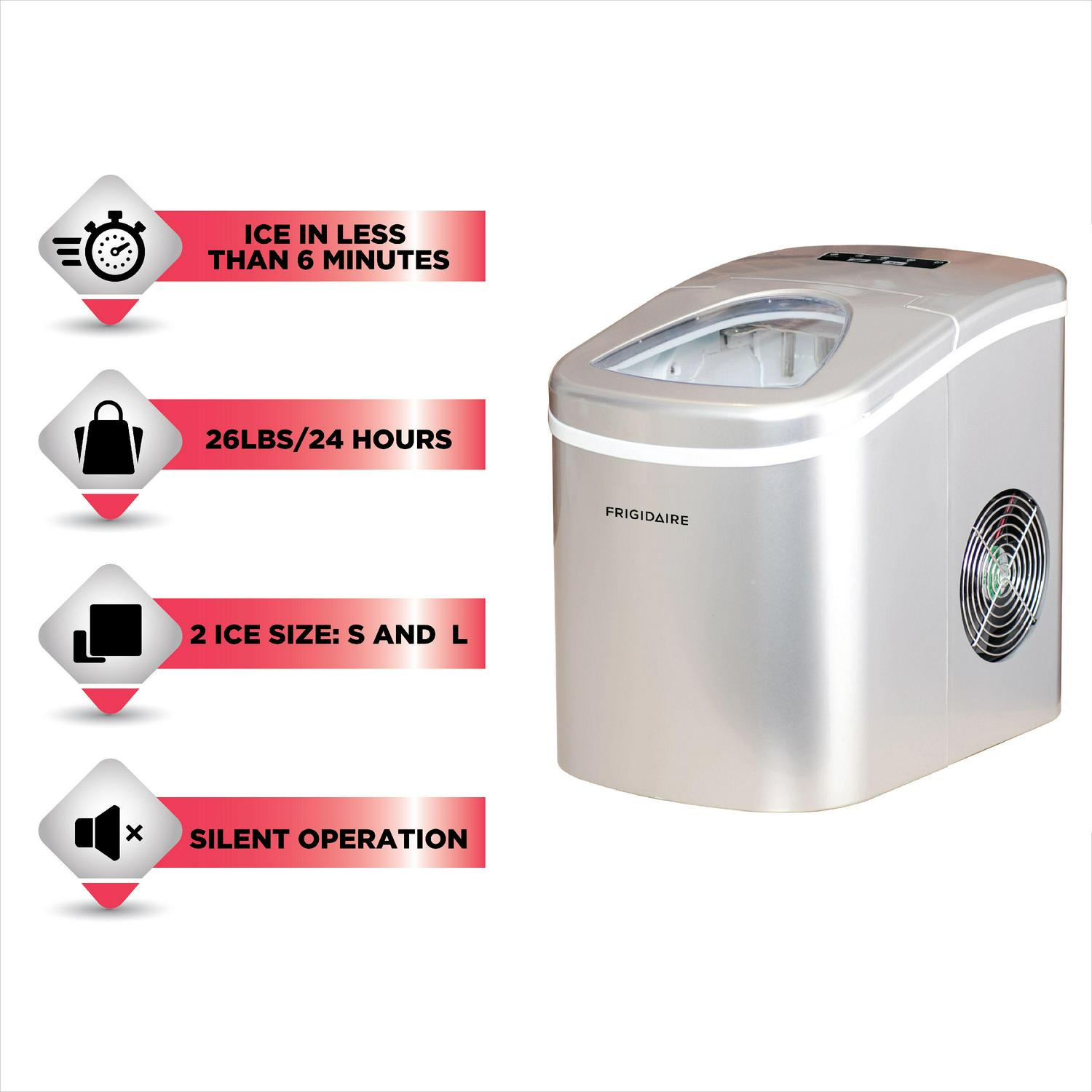 2025 Frigidaire – Máquina de hielo portátil de encimera 26 lb – Plateada (Modelo EFIC108)