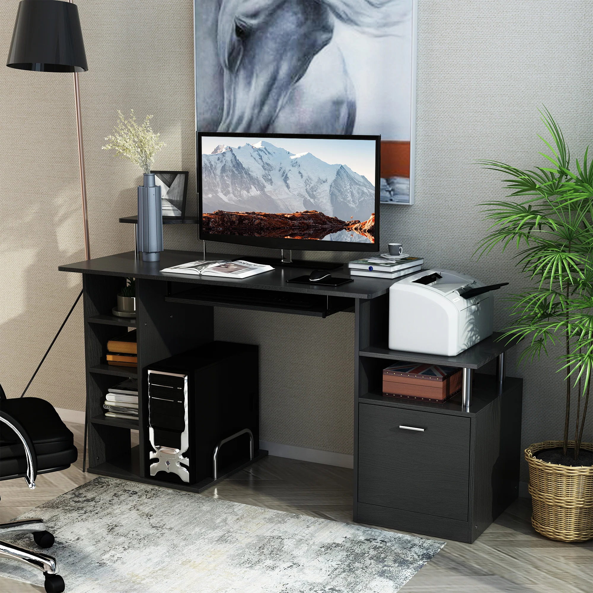 Estación de Trabajo para Ordenador con Cajón y Estanterías, Soporte para CPU, Escritorio para Oficina en Casa, Negro