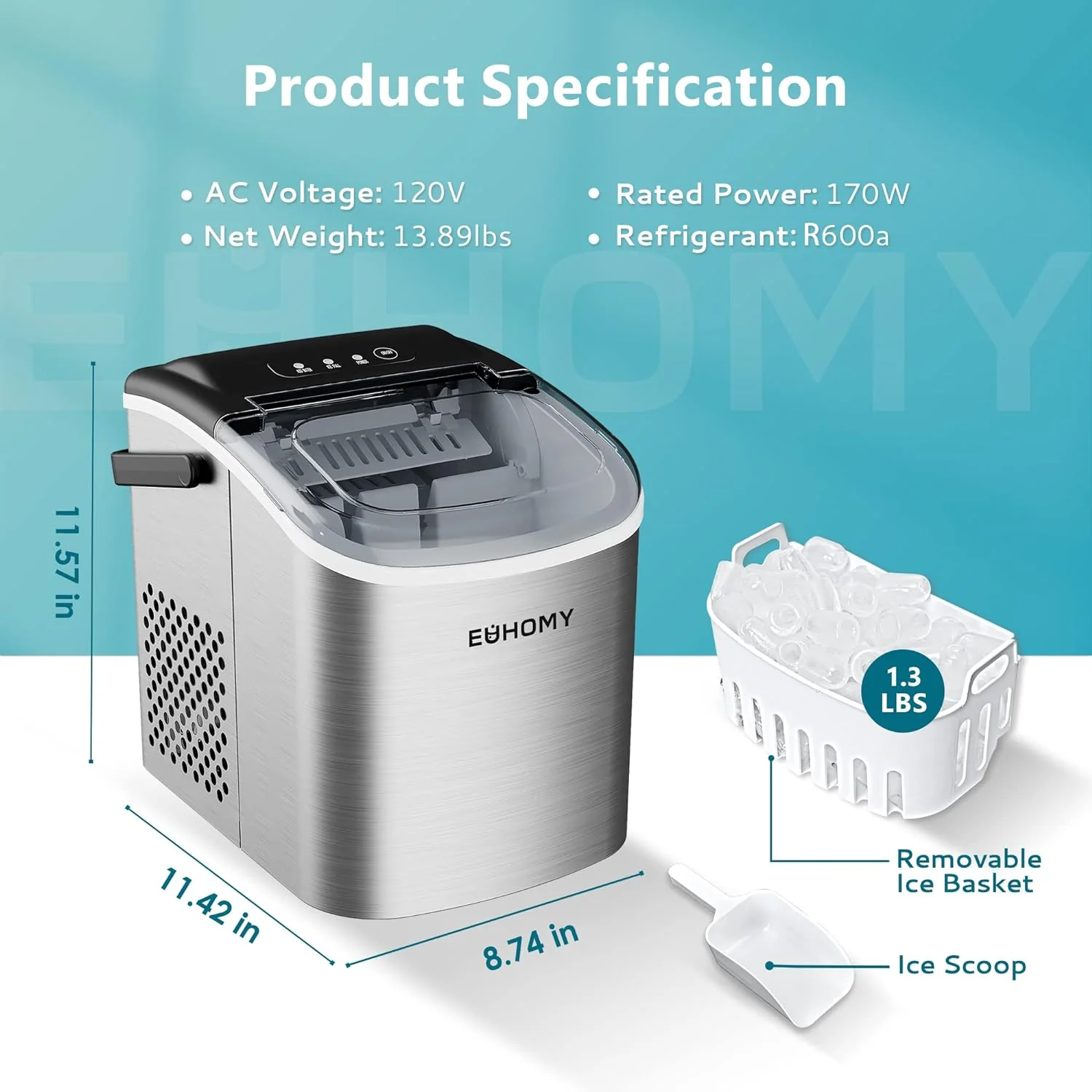 2025 Máquina de hielo portátil EUHOMY Silver Bullet de 12'' con asa – Eficiencia energética