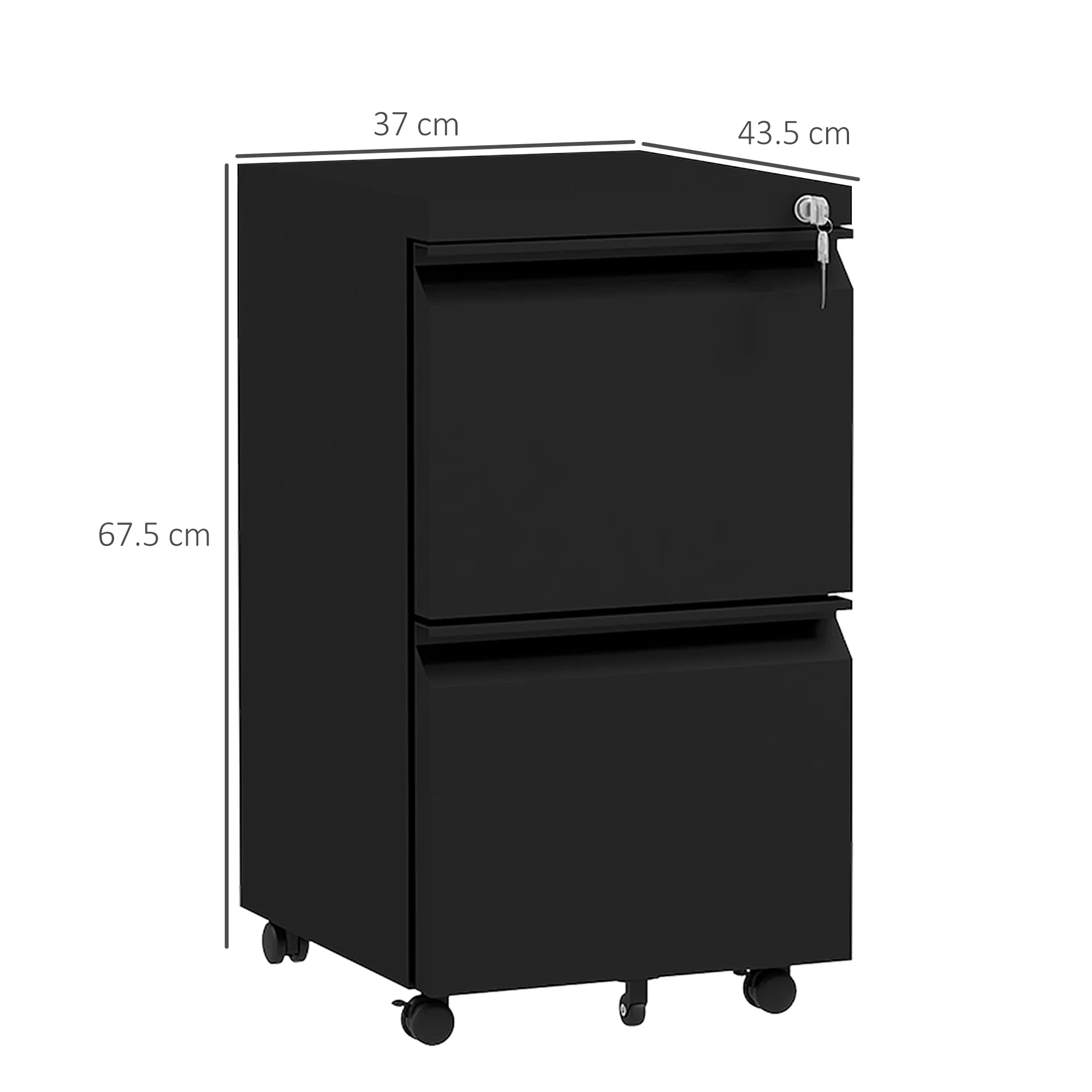 Archivador Móvil con 2 Cajones, Mueble de Archivo Cerrable de Acero, Cuerpo Preensamblado, Negro