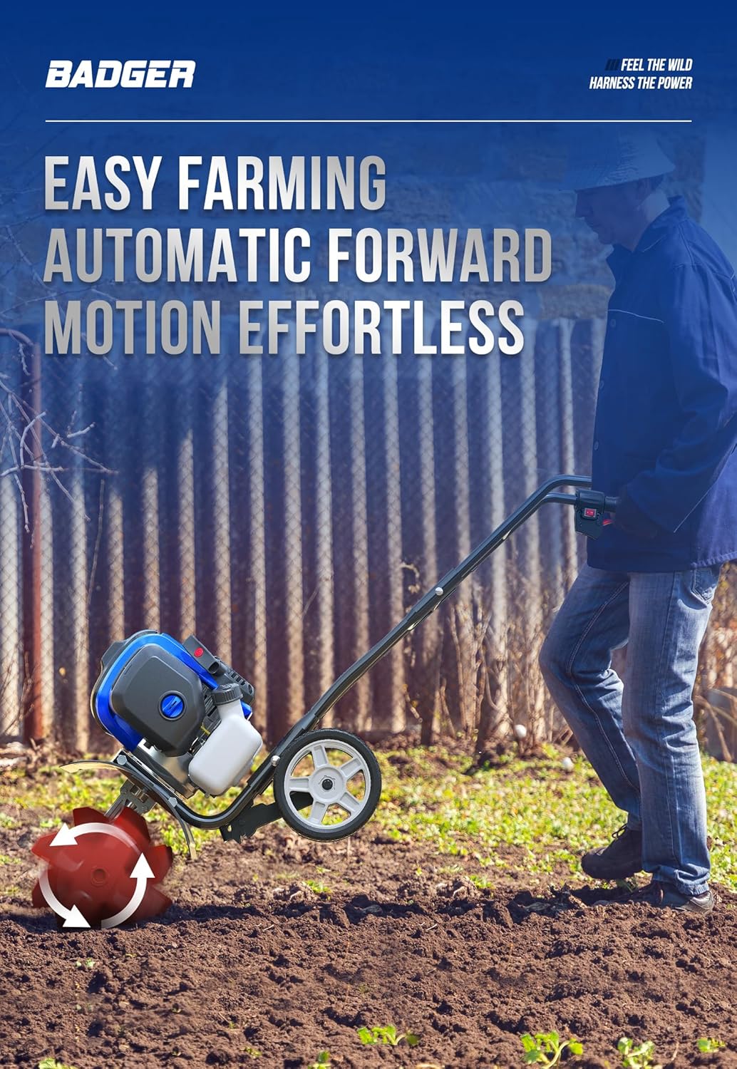 Cultivador de Jardín de 53cc – Mini Cultivador de 15 Pulgadas con Palanca Reforzada Desmontable, Herramienta de Labranza para Céspedes, Jardines y Campos