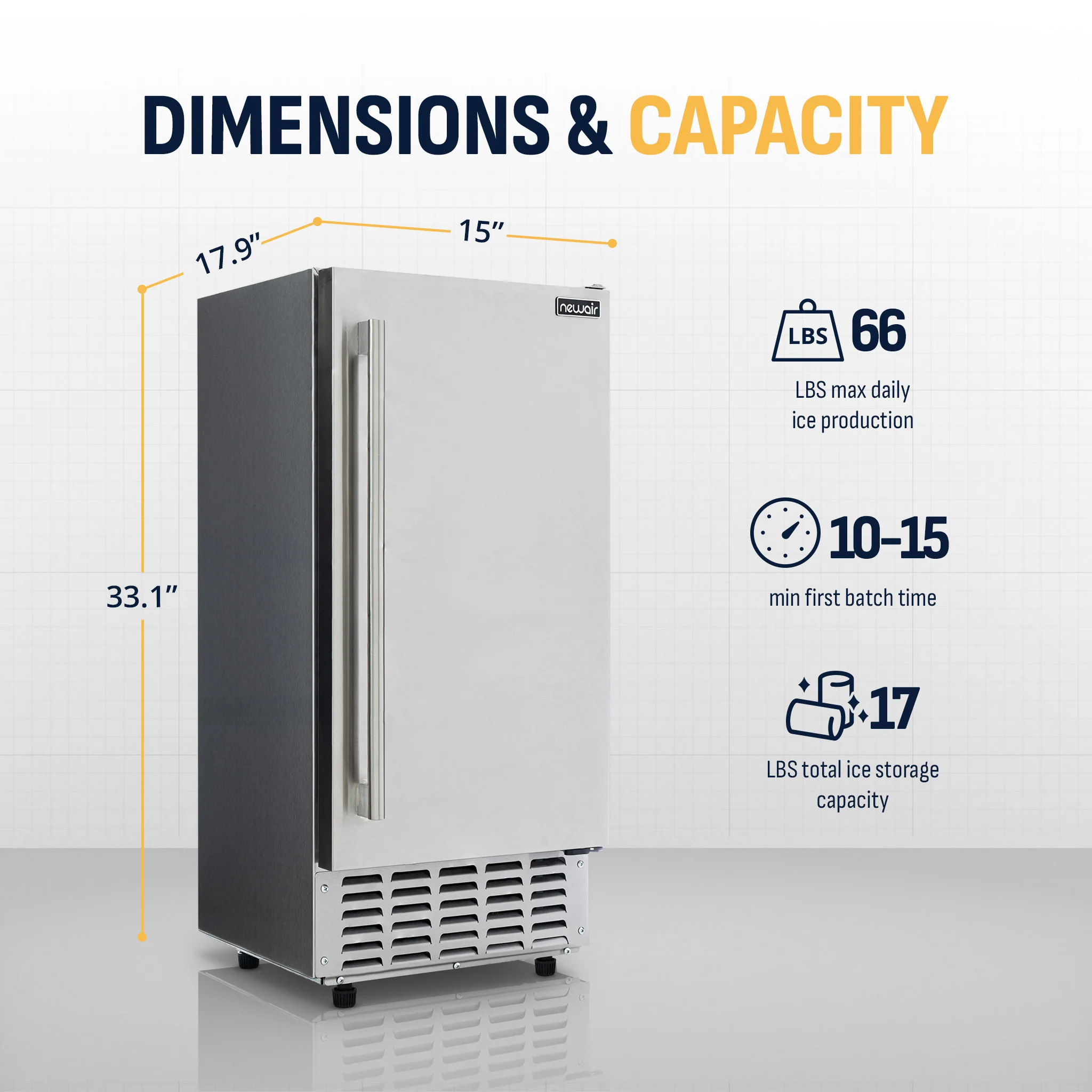2025 Máquina de Hielo en Trozos Newair 15” Empotrable – 66 lb/día – Acero Inoxidable