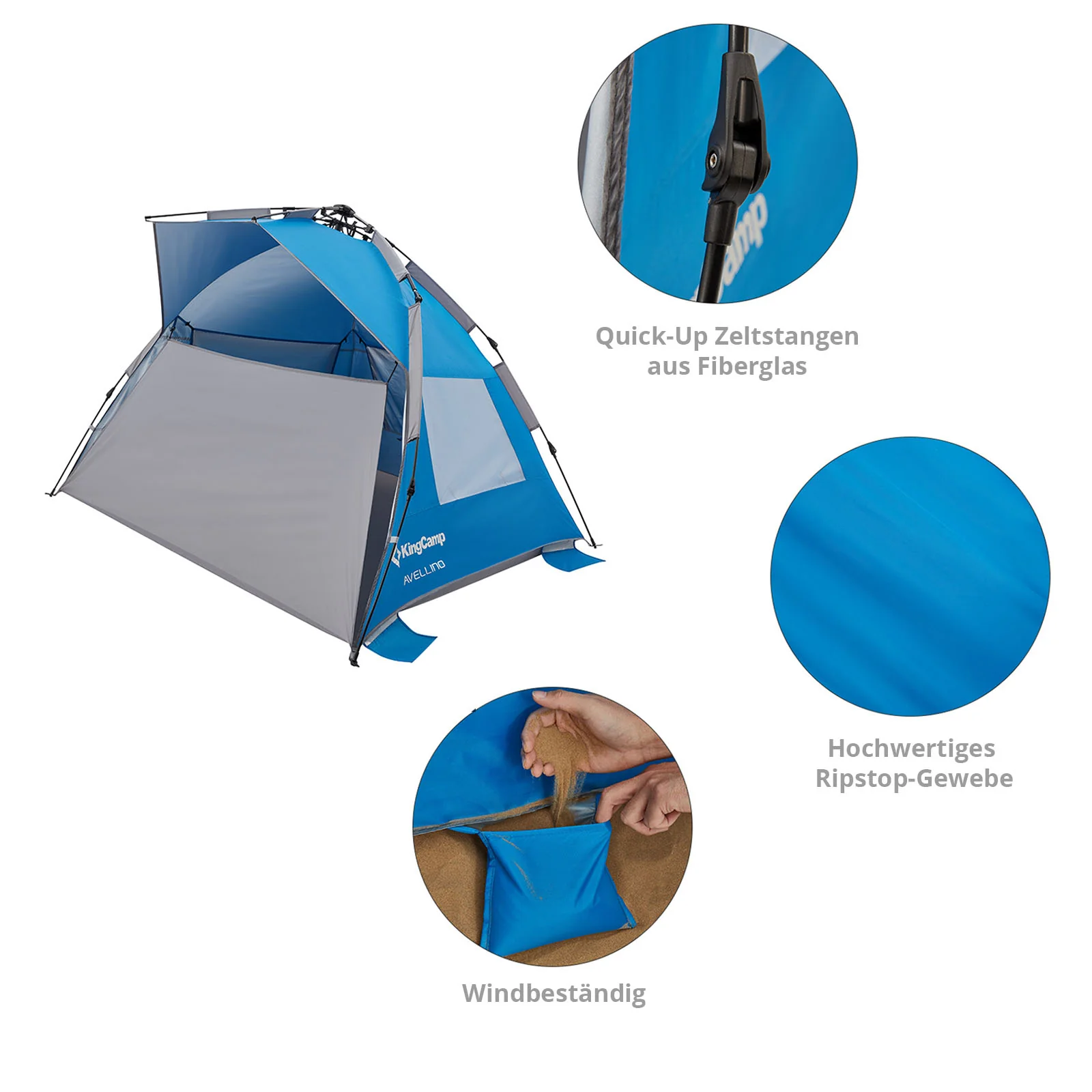2025 KingCamp Avellino – Tienda de playa automática con protección solar UPF50+, protección contra el viento y la vista, estructura hidráulica, sacos de arena y ventanas de malla