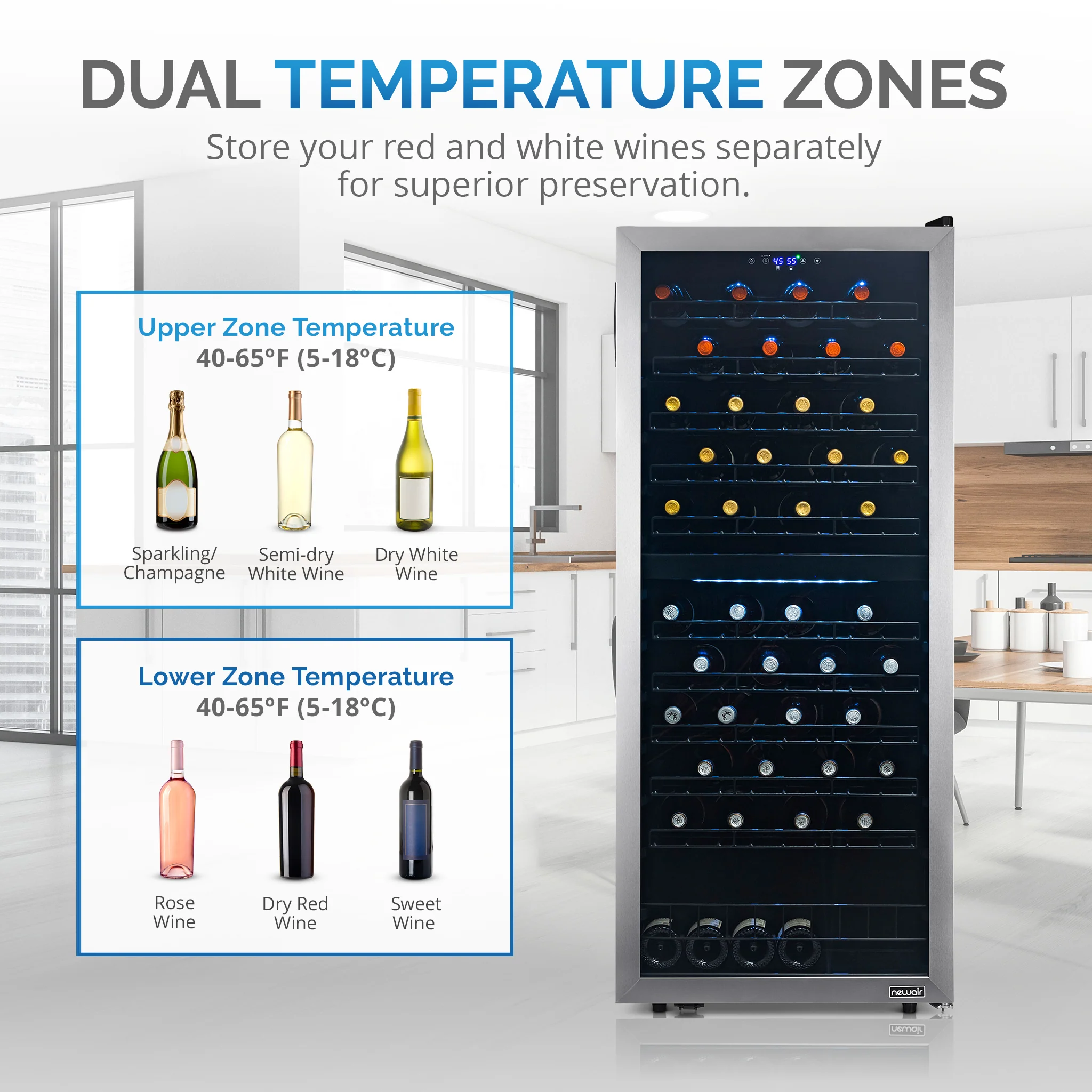 2025 Refrigerador de Vinos Independiente Newair® de Acero Inoxidable – 98 Botellas – 23