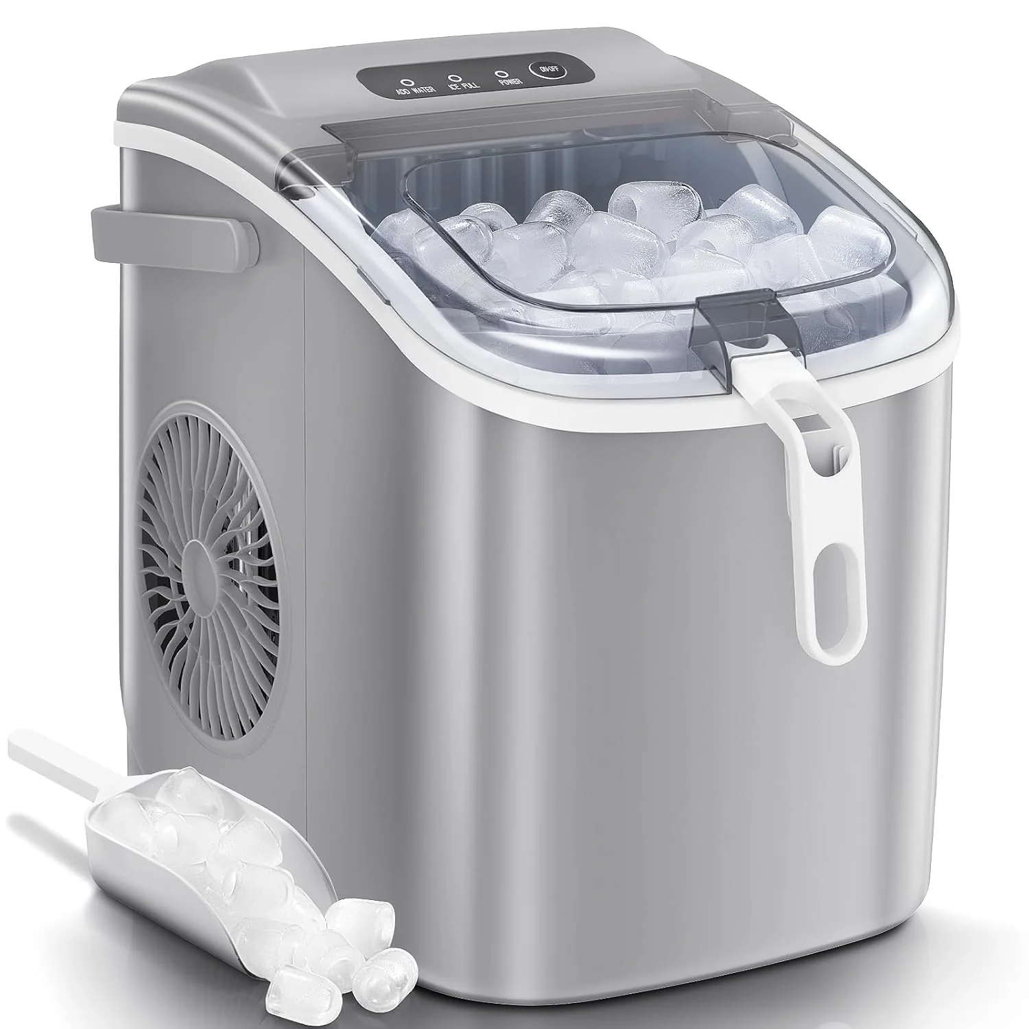 2025 Máquina de hielo tipo nugget para encimera, hielo en trozos masticables, 15 kg/24 h, autolimpiante, hielo sónico, operación con un solo botón, para cocina u oficina, acero inoxidable plateado