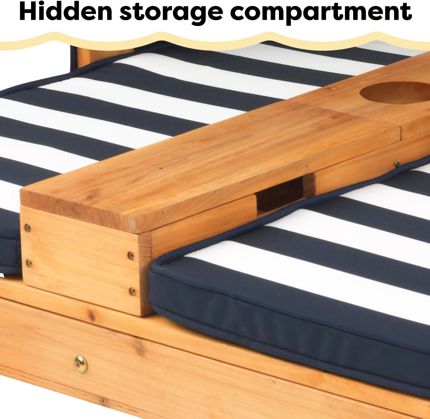 Tumbona Doble de Madera para Niños KidKraft con Porta Vasos, Muebles de Jardín para Niños, Color Miel con Tela a Rayas Azul Marino y Blanco, Regalo para Niños de 3 a 8 Años