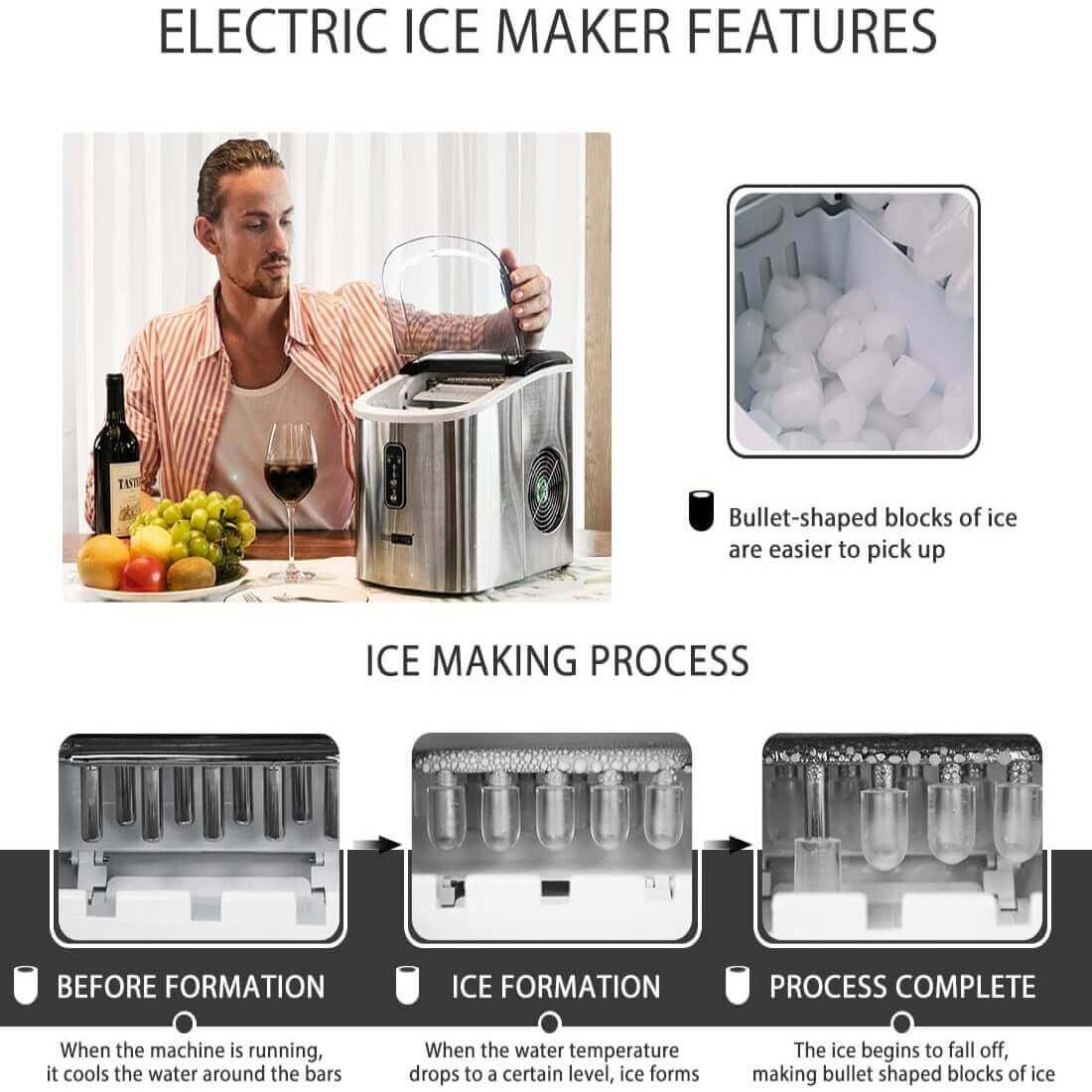 Máquina Automática de Hielo en Forma de Bala de Acero Inoxidable – 26 lbs/día
