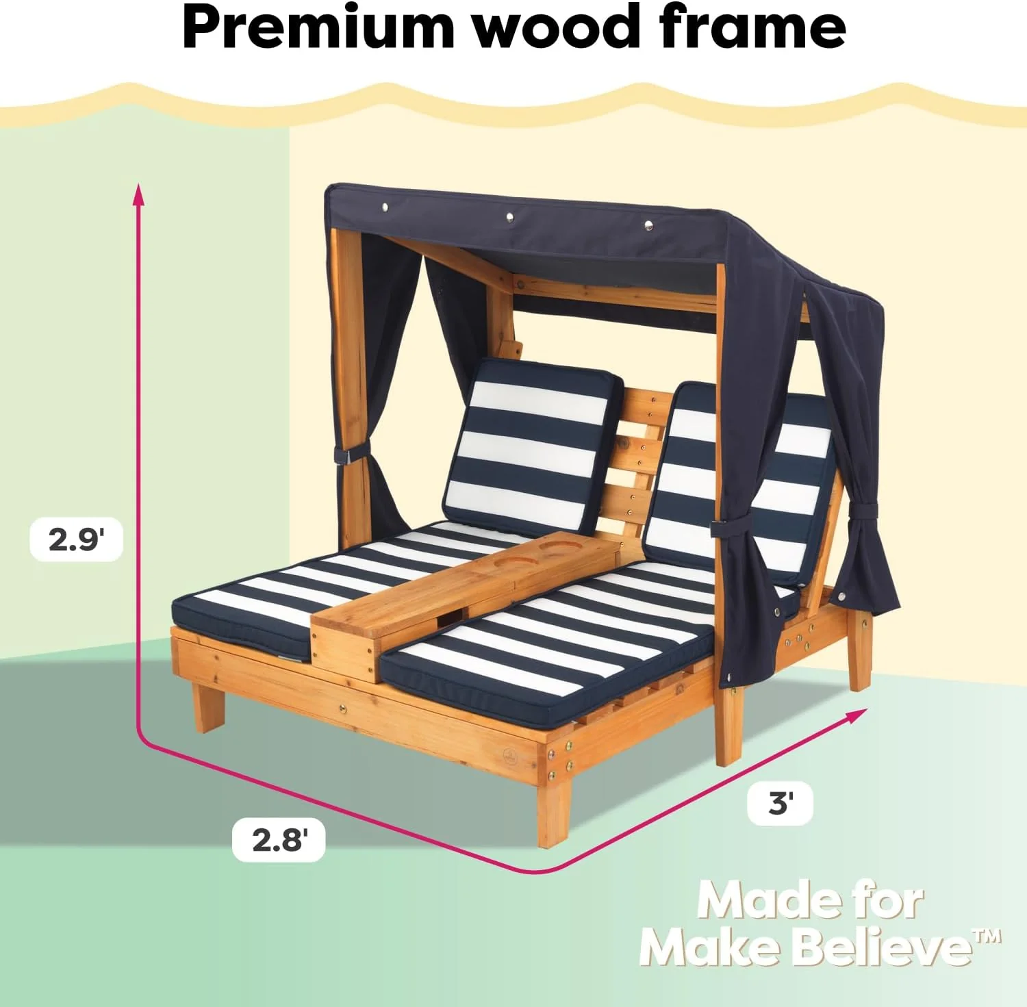Tumbona Doble de Madera para Niños KidKraft con Porta Vasos, Muebles de Jardín para Niños, Color Miel con Tela a Rayas Azul Marino y Blanco, Regalo para Niños de 3 a 8 Años