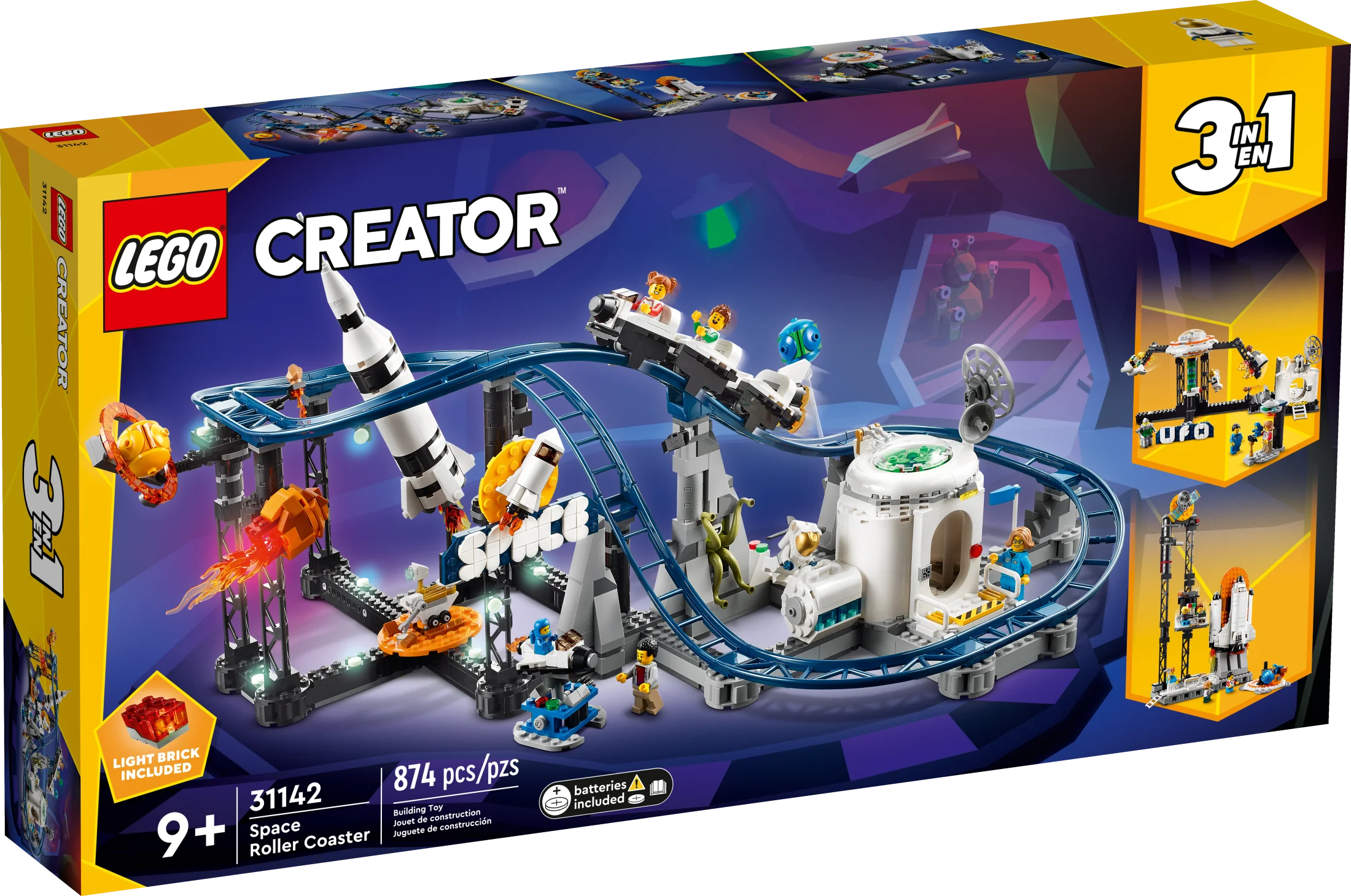 LEGO Creator 3 en 1 Montaña Rusa Espacial, Parque de Diversiones Reconstruible, Construye una Montaña Rusa Enroscada, Torre de Caída o Carrusel Giratorio, con 5 Minifiguras, Set de Construcción para Niños de 9 Años en Adelante, 31142