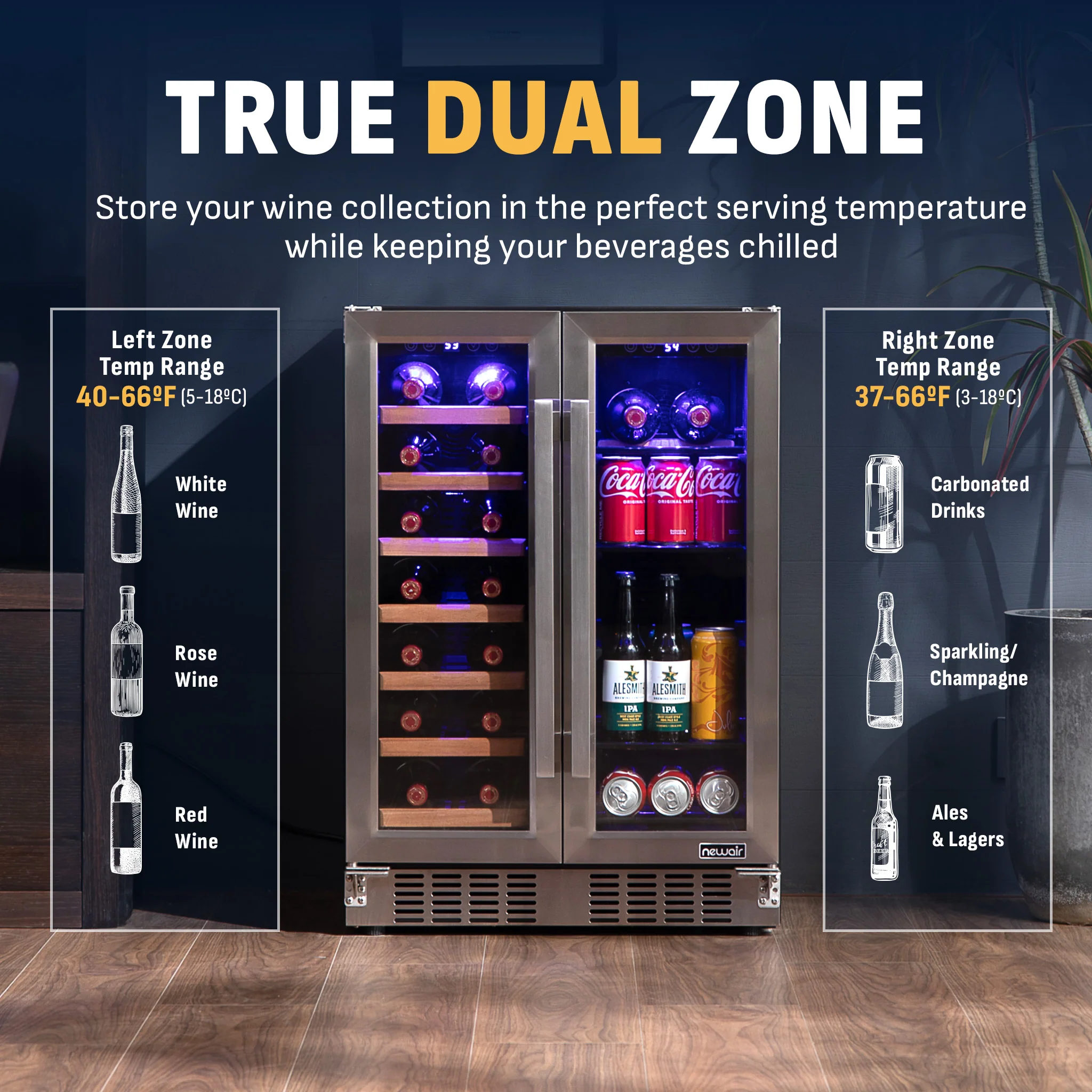 2025 Refrigerador para Vinos y Bebidas Newair – Doble Zona con Puertas Francesas (24 pulgadas)