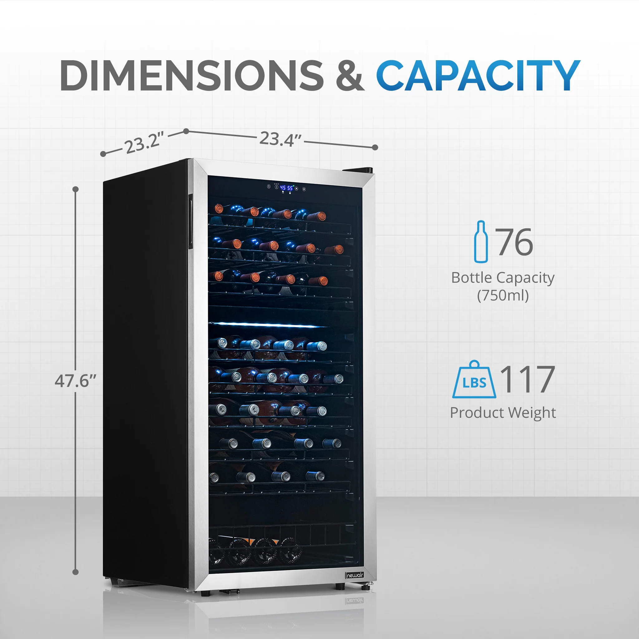 2025 Refrigerador de Vinos Independiente Newair® de Acero Inoxidable – 76 Botellas – 23