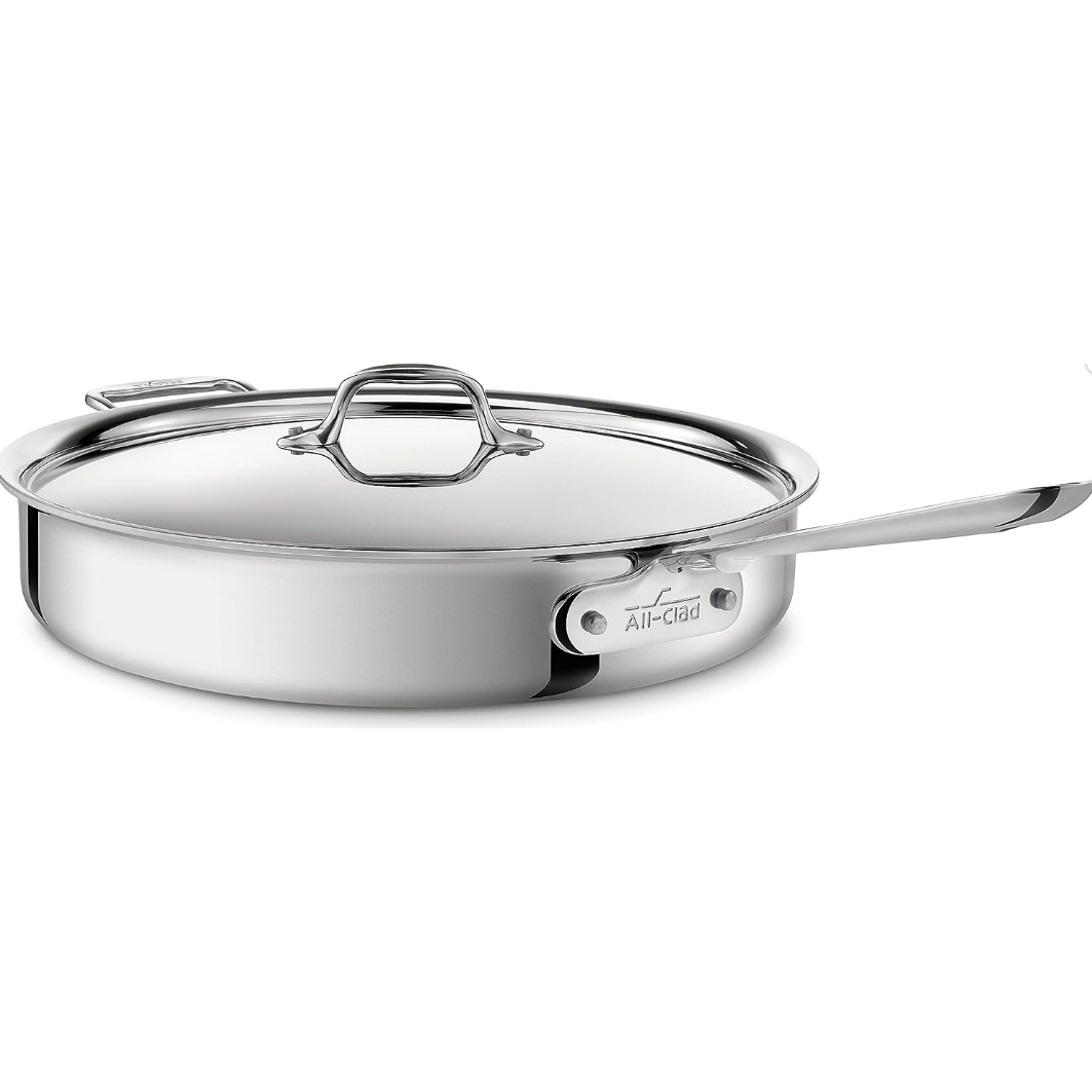 All-Clad D3 Sartén para Saltear de Acero Inoxidable de 3 Capas, 6 Cuartos, Compatible con Inducción, Horno y Grill hasta 600°F, Ollas y Sartenes, Color Plateado
