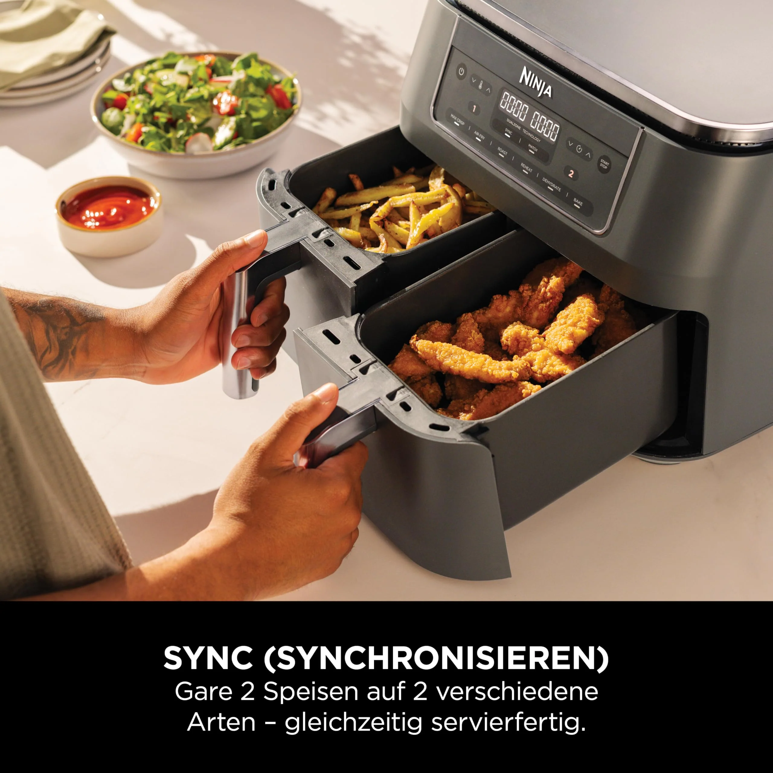 2025 Freidora de aire digital Ninja Dual Zone, 2 cajones, 6 en 1, sin aceite, capacidad 7,6 L, cocción con aire caliente, función Max Crisp, asar, hornear, recalentar, cestas aptas para lavavajillas, gris metálico DZ300EU