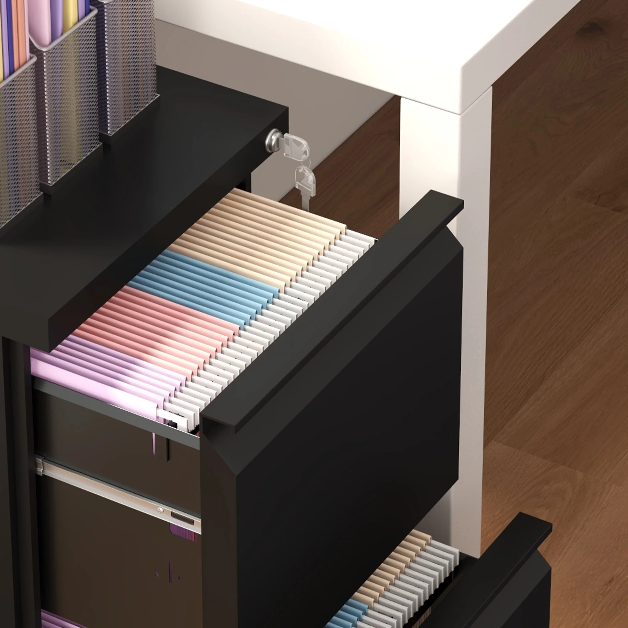 Archivador Móvil con 2 Cajones, Mueble de Archivo Cerrable de Acero, Cuerpo Preensamblado, Negro