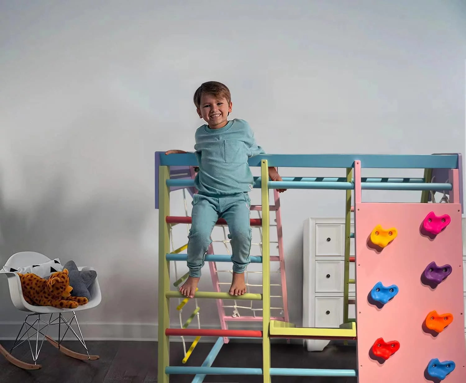 Avenlur Magnolia Parque Infantil Interior Gimnasio Jungle 6 en 1 Estilo Montessori Waldorf Juego de Escalada de Madera con Tobogán, Pared de Escalada, Escalera de Cuerda, Barras de Mono y Columpio para Niños de 2 a 6 años