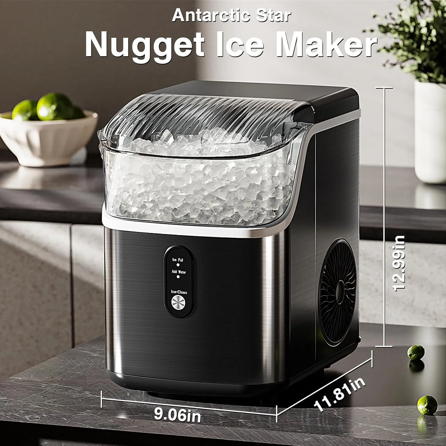 2025 Máquina de hielo tipo nugget para encimera, hielo en trozos masticables, 15 kg/24 h, autolimpiante, hielo sónico, operación con un solo botón, para cocina u oficina, acero inoxidable plateado
