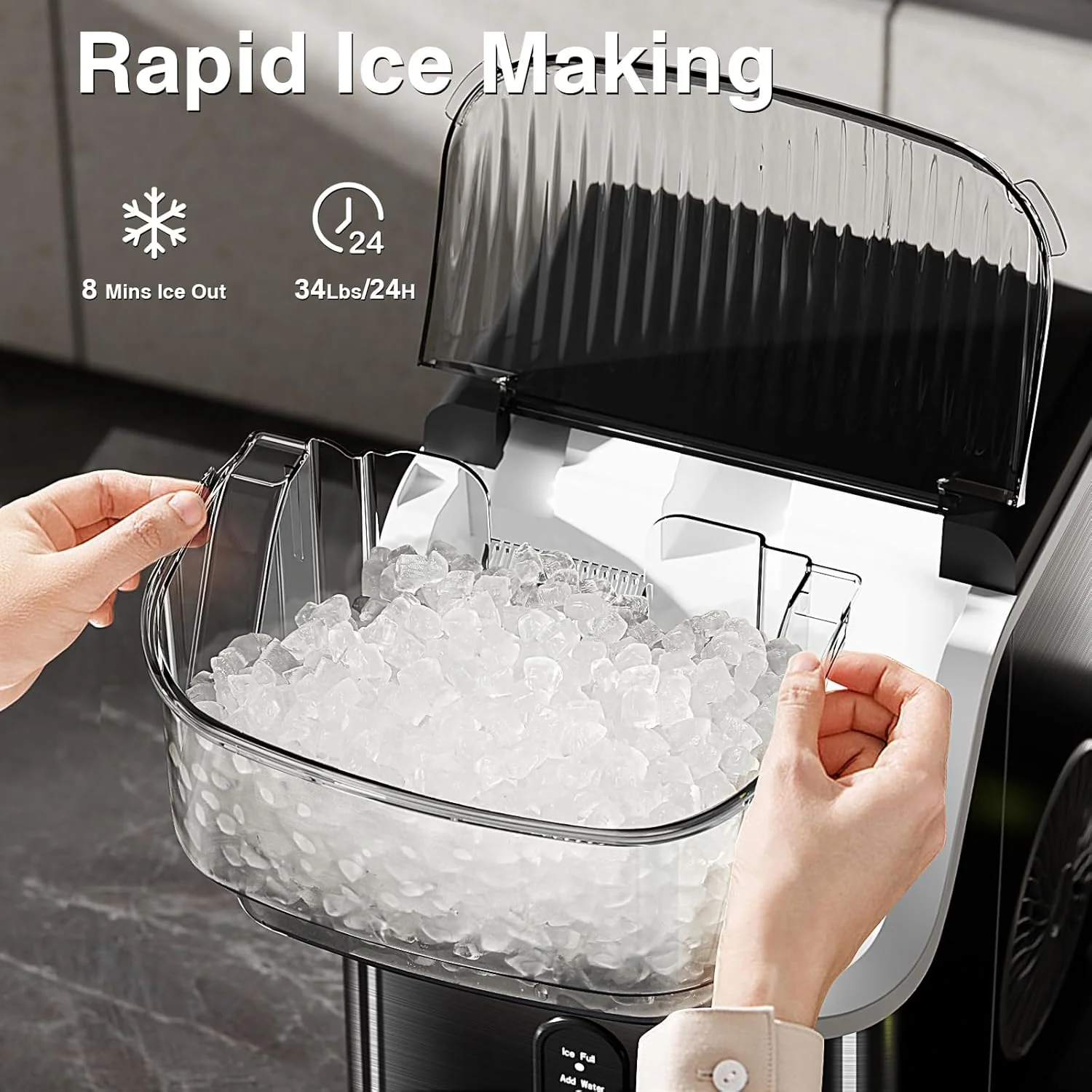 2025 Máquina de hielo tipo nugget para encimera, hielo en trozos masticables, 15 kg/24 h, autolimpiante, hielo sónico, operación con un solo botón, para cocina u oficina, acero inoxidable plateado