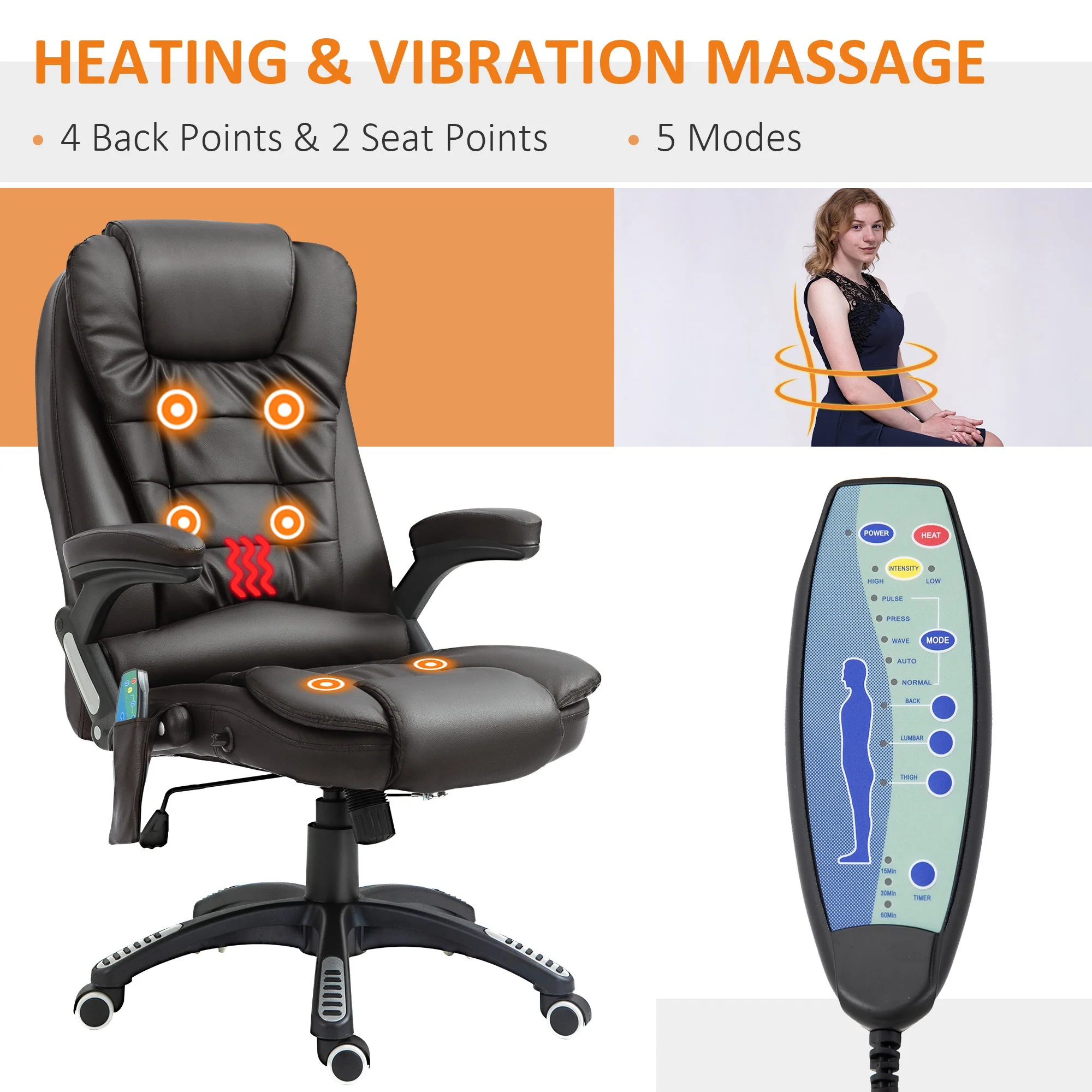 Silla de oficina ejecutiva con masaje y calefacción, sillón de oficina de cuero PU con respaldo alto, marrón
