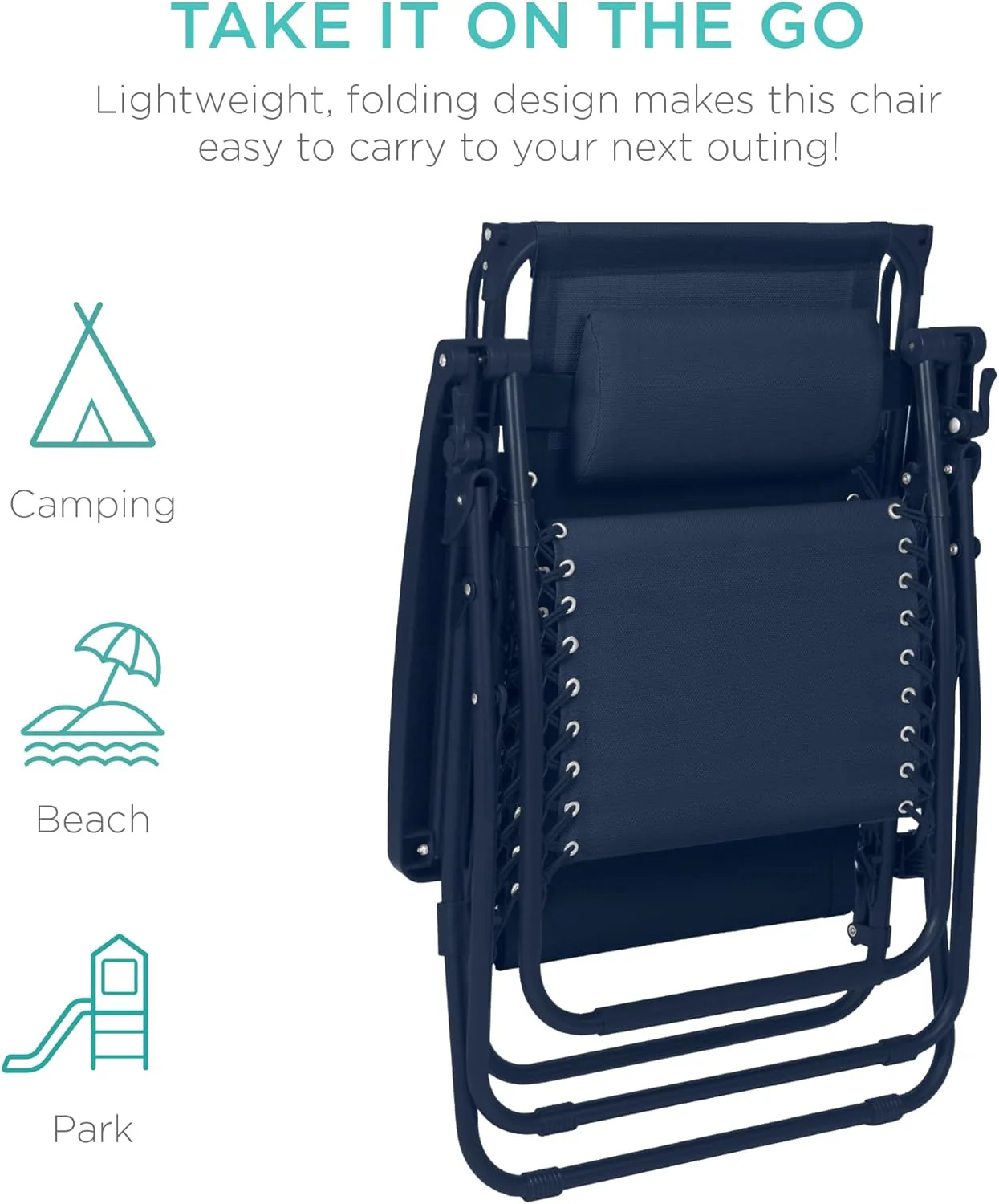 Best Choice Products – Silla Reclinable de Patio con Gravedad Cero, Ajustable y Plegable para Exteriores con Dosel, Almohada Cervical y Bandeja Lateral, Textileno – Azul Pavo Real