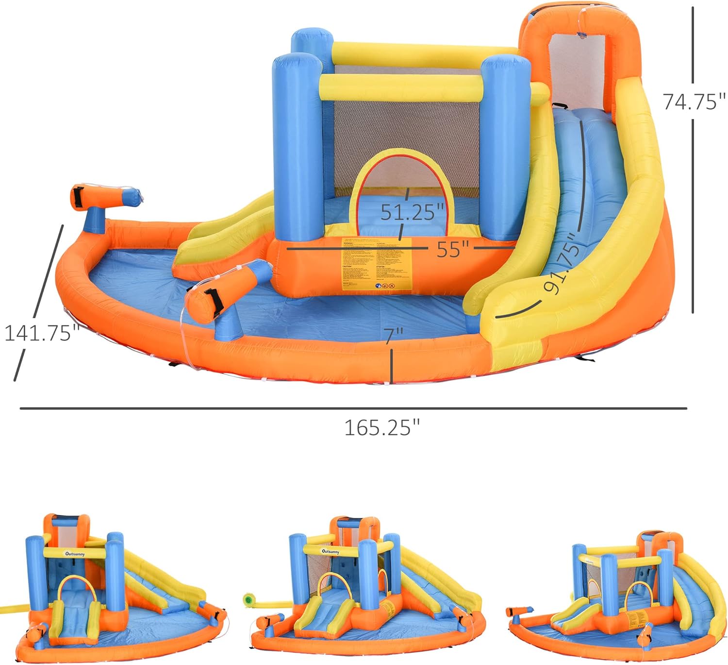 Tobogán de Agua Inflable para Niños 5 en 1 con Castillos Inflables, Piscina de Agua, Tobogán, Paredes para Escalar y 2 Cáñones de Agua, Soplador de Aire de 450W