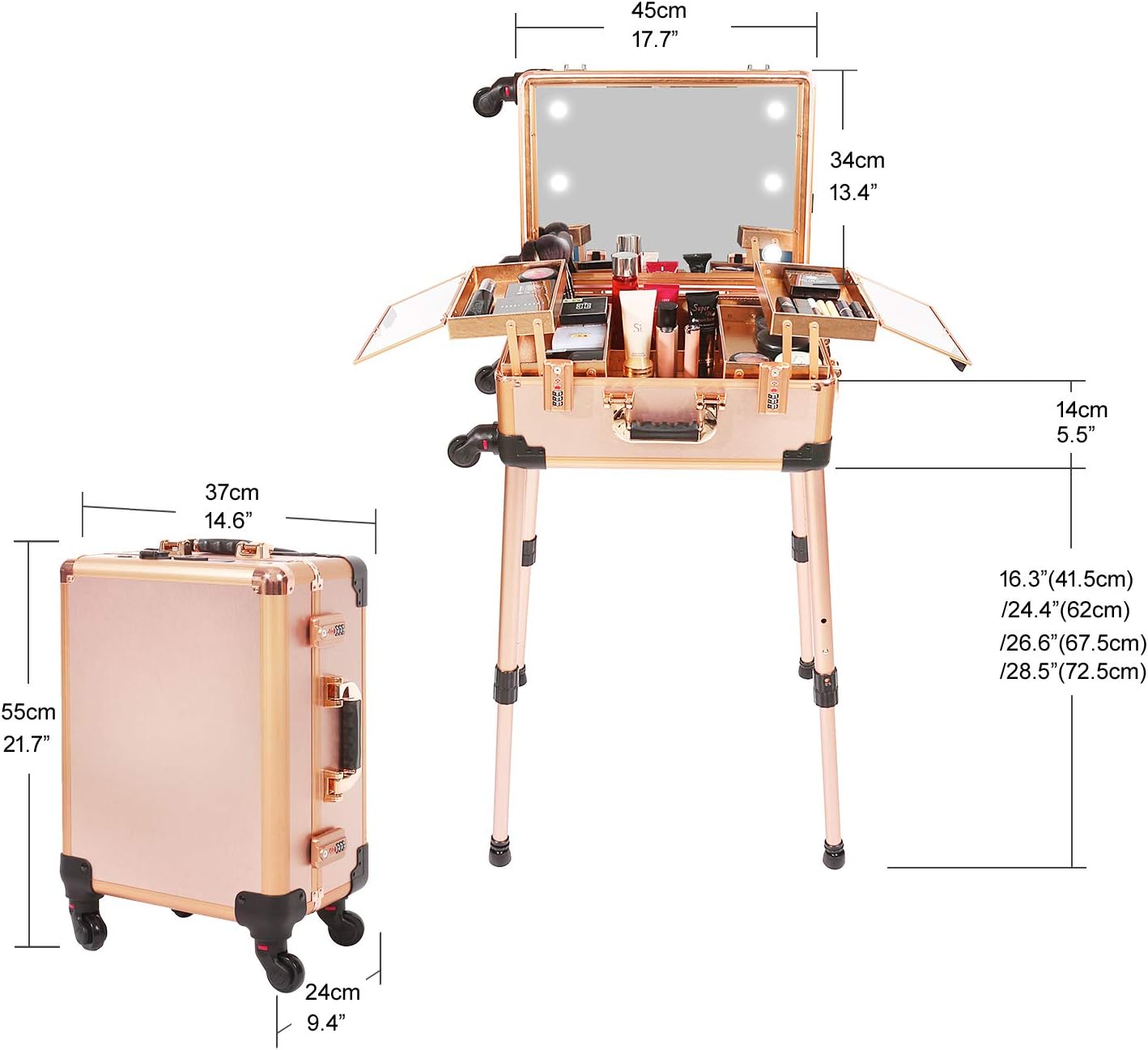 Maletín mediano para maquillaje con cerradura de código, espejo iluminado, altavoz, organizador de cosméticos de viaje, trolley profesional para artistas, estuche independiente para estudio