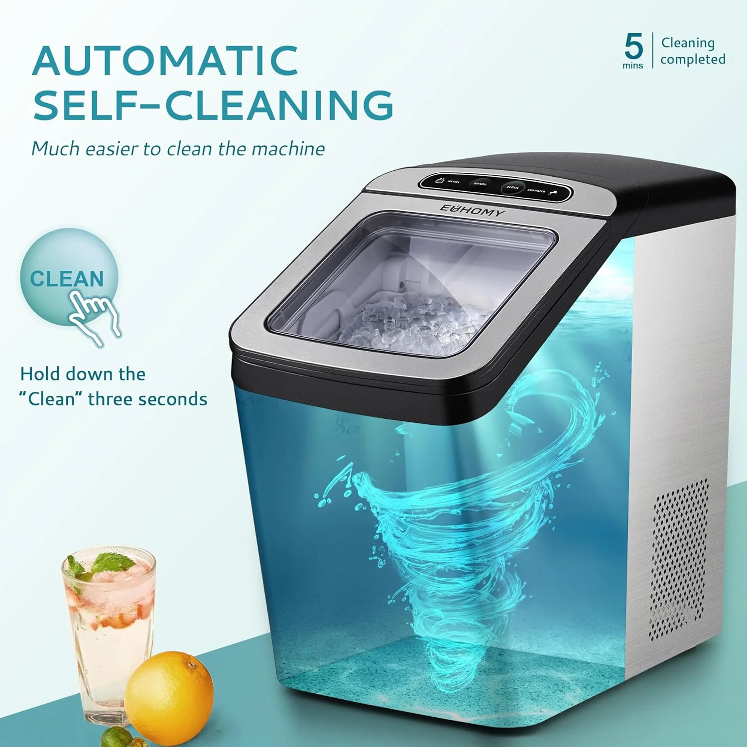 2025 Máquina de hielo con compresor de alta eficiencia EUHOMY 18'' – Hielo tipo Nugget masticable, compacta y potente
