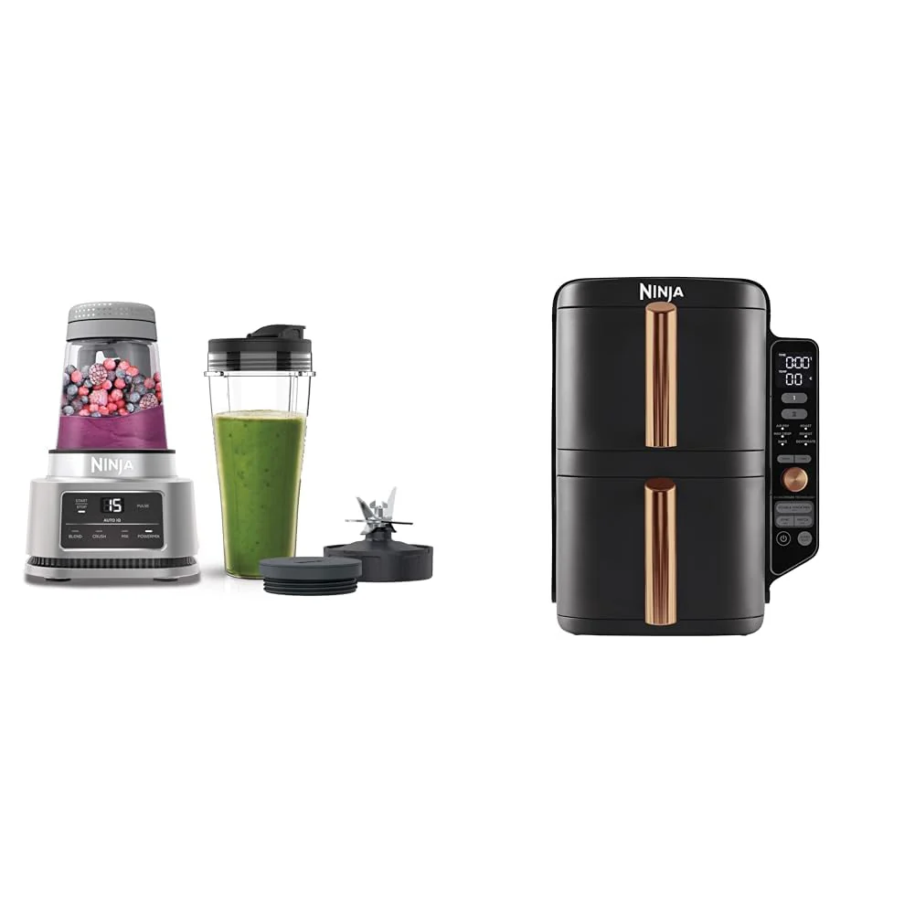 2025 Ninja Foodi Power Nutri Blender 2 en 1, licuadora para smoothie bowls y bebidas congeladas, CB100EU + Ninja Double Stack XL Freidora de aire caliente, freidora vertical sin aceite de dos cajones, SL400EUCP