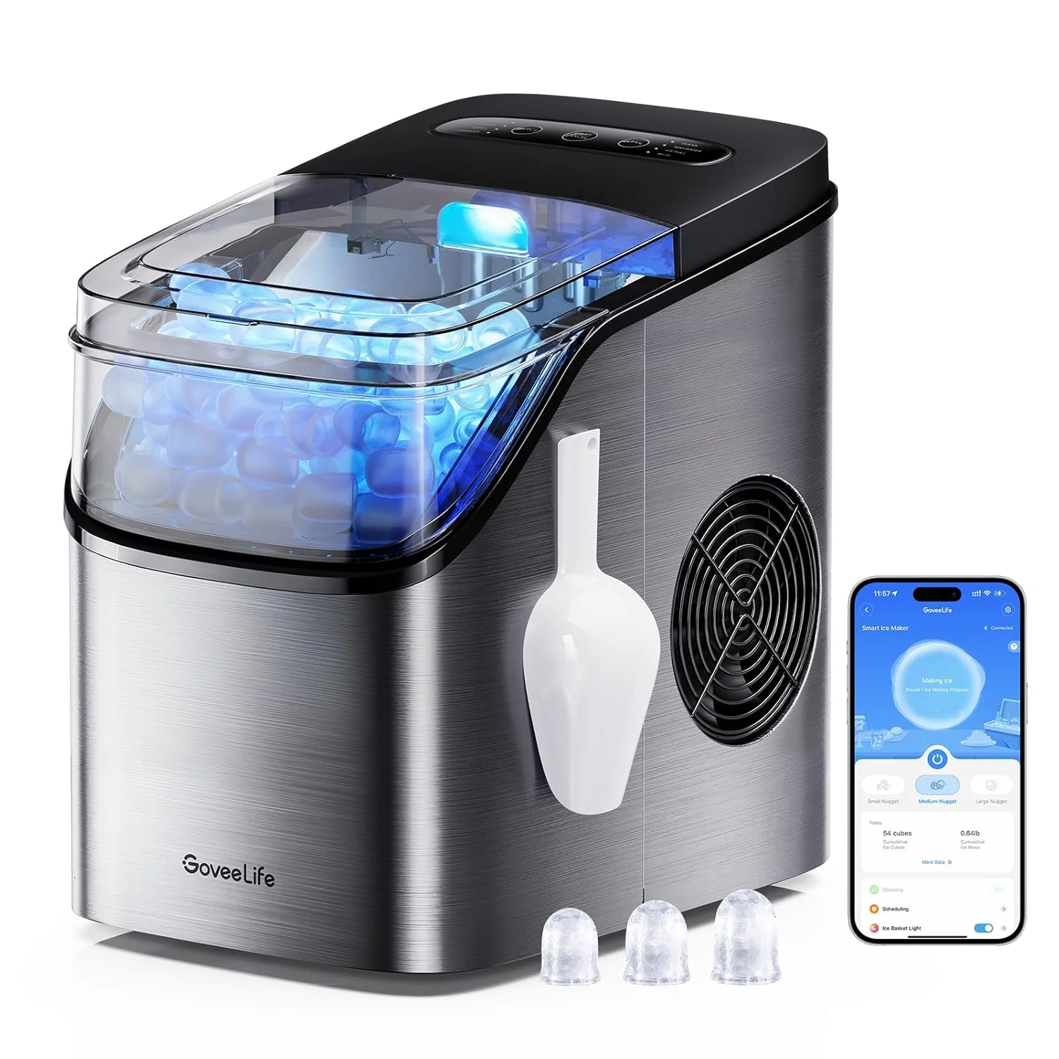 2025 GoveeLife Máquina de Hielo Inteligente con Control por Voz – 9 Cubos en 6 Minutos, 3 Tamaños, 12 kg/24h, Autolimpiante, Iluminación RGB, Silenciosa, con Pala – Negra