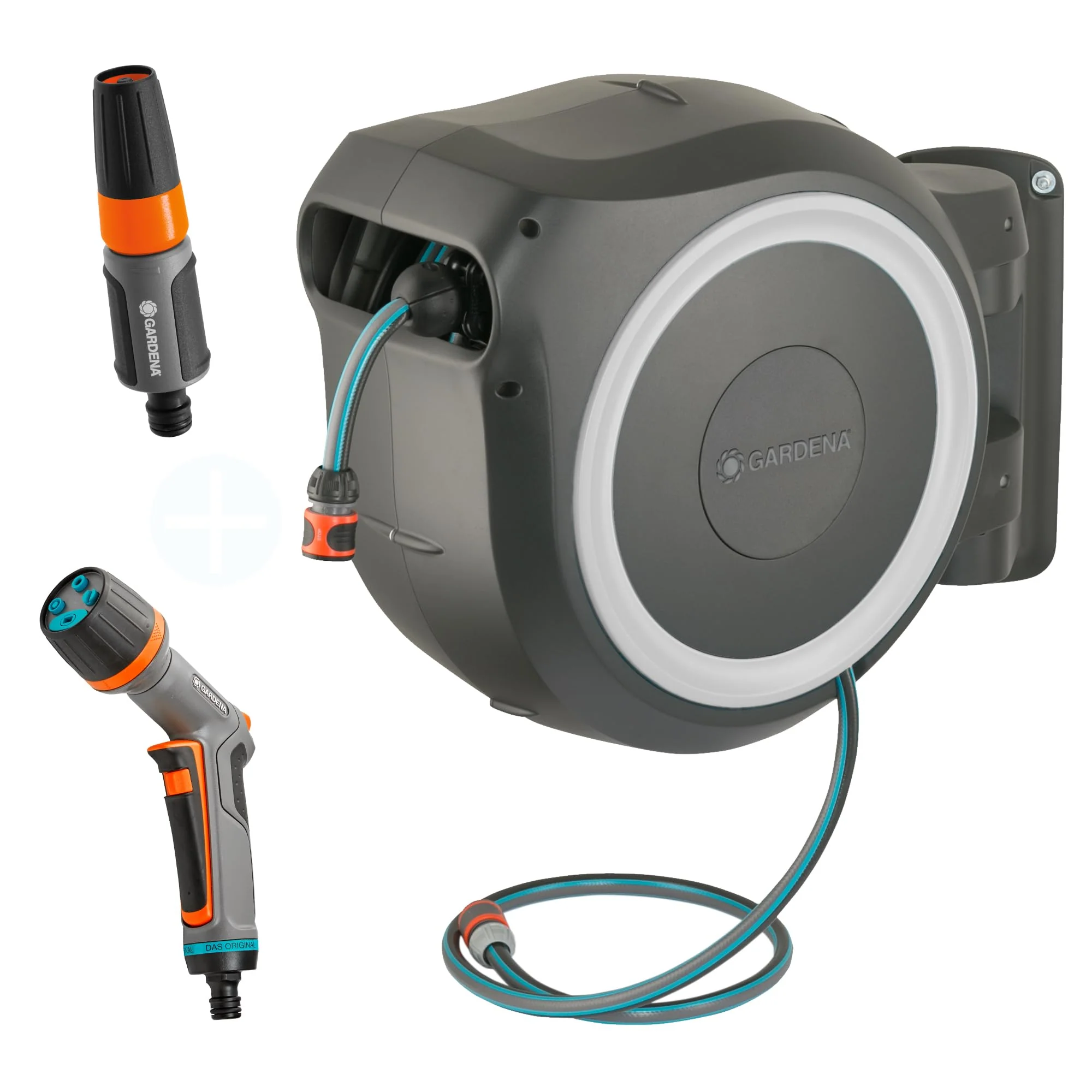 2025 Caja de manguera mural Gardena RollUp L (blanca) 30 m con pistola de limpieza ecoPulse