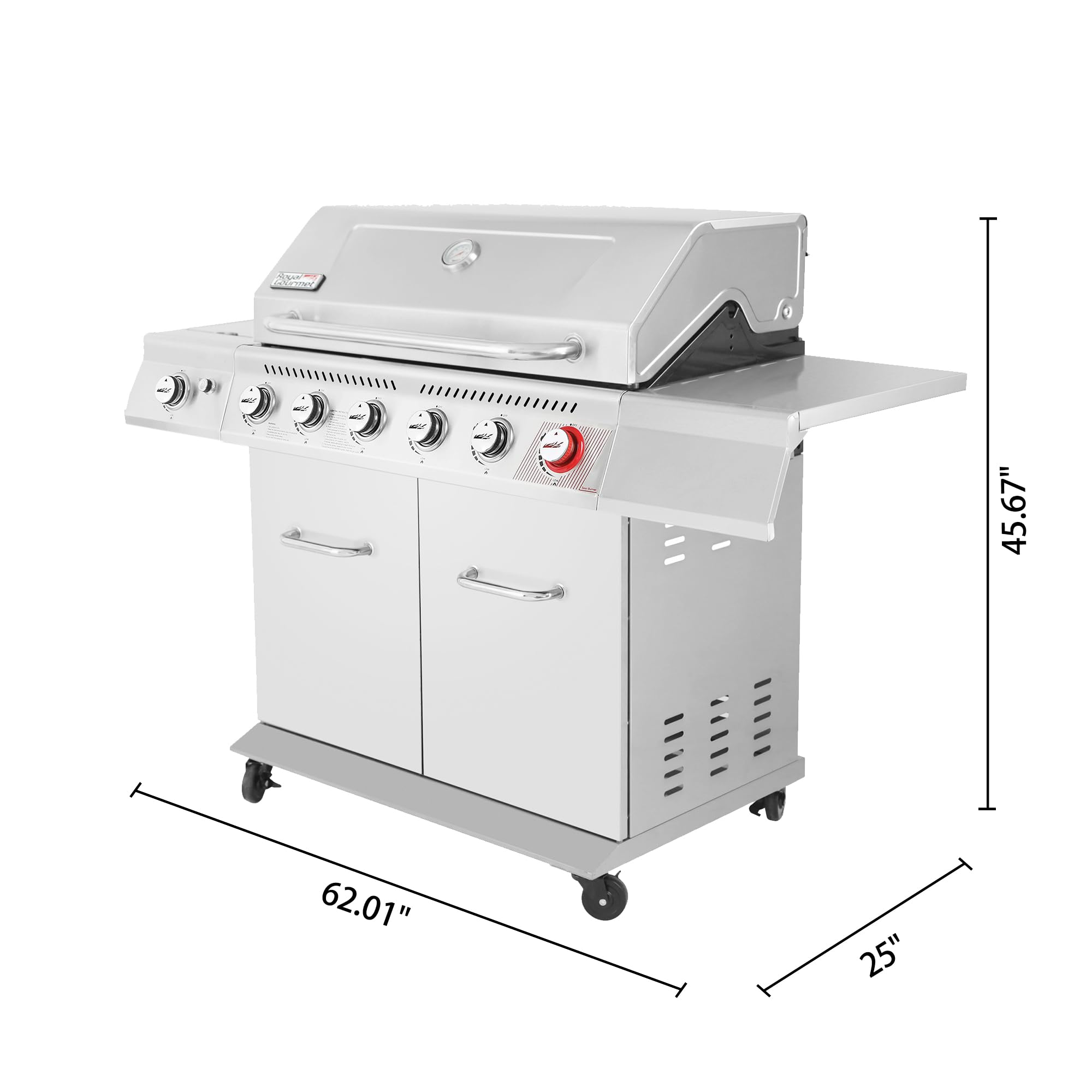 2025 Parrilla a Gas Royal Gourmet GA6402S de Acero Inoxidable, Parrilla Propana Premier de 6 Quemadores con Quemador para Sellar y Quemador Lateral, 74,000 BTU, Estilo Gabinete, Parrilla para BBQ al Aire Libre, Plata