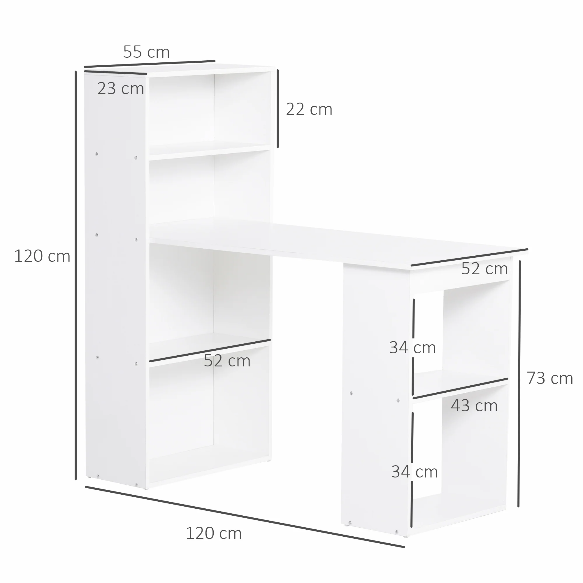 Escritorio de Ordenador Moderno de 120 cm con Estantería, Mesa de Estudio y Estación de Trabajo con 6 Estantes, Blanco