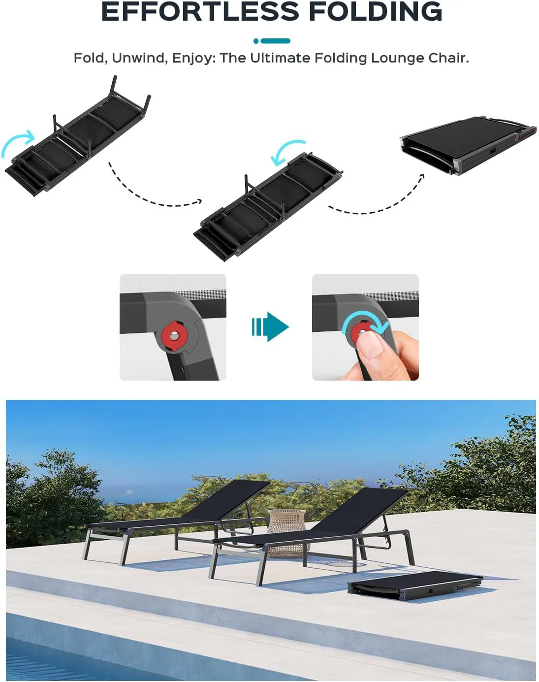 Tumbona de Aluminio para Exterior – Silla de Jardín Plegable sin Montaje, con Respaldo Ajustable en 5 Posiciones, para Terraza, Piscina, Playa – Negra