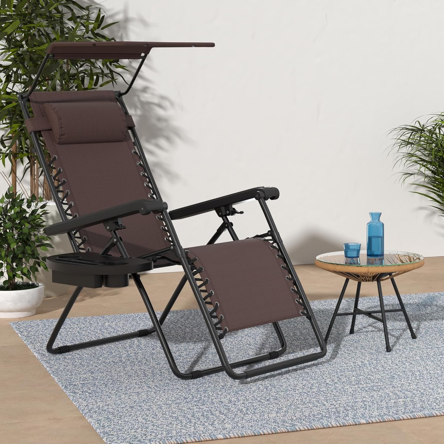 Best Choice Products – Silla Reclinable de Patio con Gravedad Cero, Ajustable y Plegable para Exteriores con Dosel, Almohada Cervical y Bandeja Lateral, Textileno – Azul Pavo Real