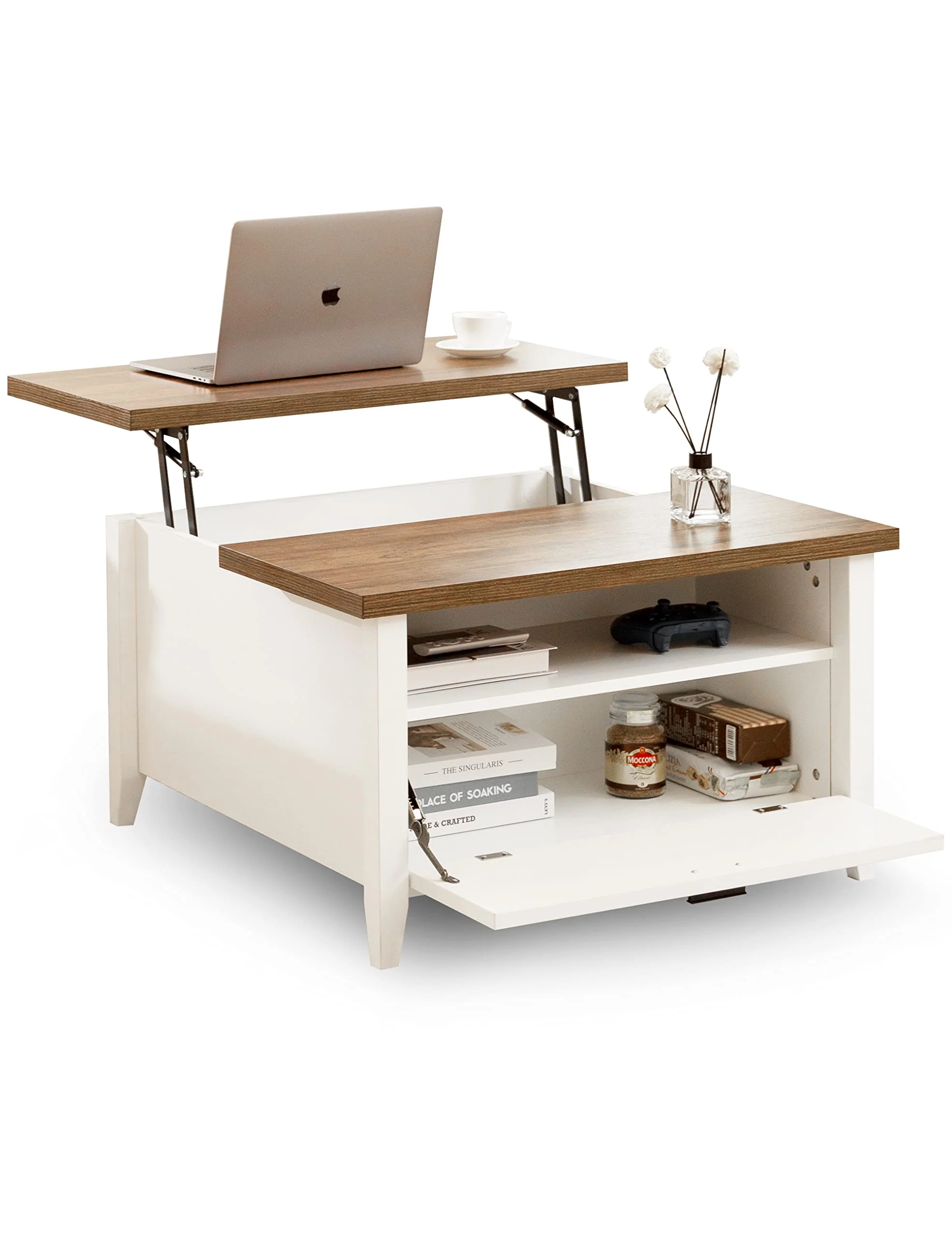 Mesa de centro con tablero elevable, mesa ergonómica con compartimento oculto y estante de almacenamiento