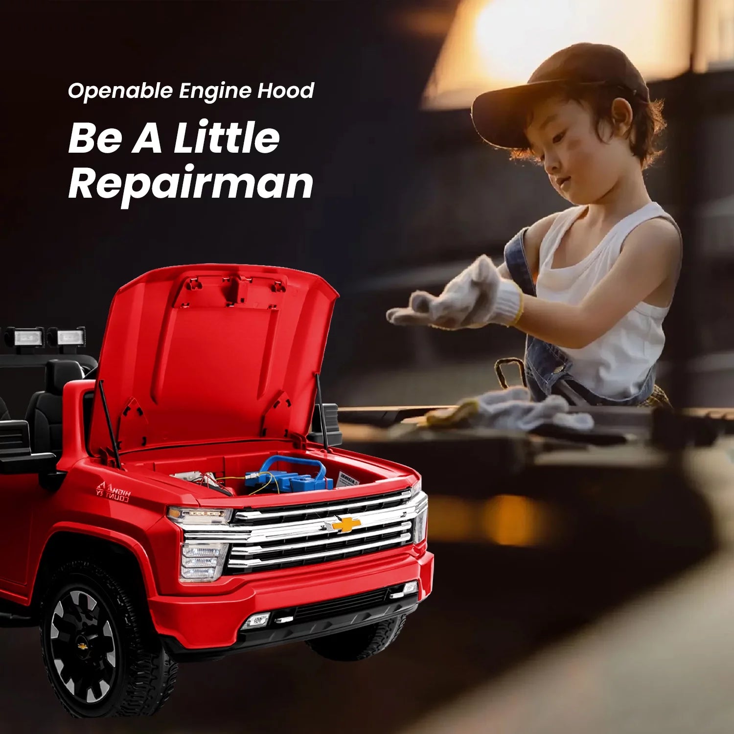 Track 7 Coche Eléctrico de 24V para Niños, Camioneta Silverado HD Licenciada para 2 Pasajeros, Control Remoto, Música, ABC, Rojo