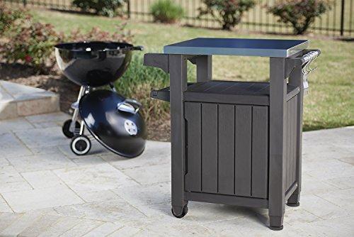 Keter Unity Mesa Portátil para Exterior y Gabinete de Almacenamiento con Ganchos para Accesorios de Parrilla - Superficie de Acero Inoxidable para Isla de Cocina o Carro de Bar en Patio, Marrón Espresso